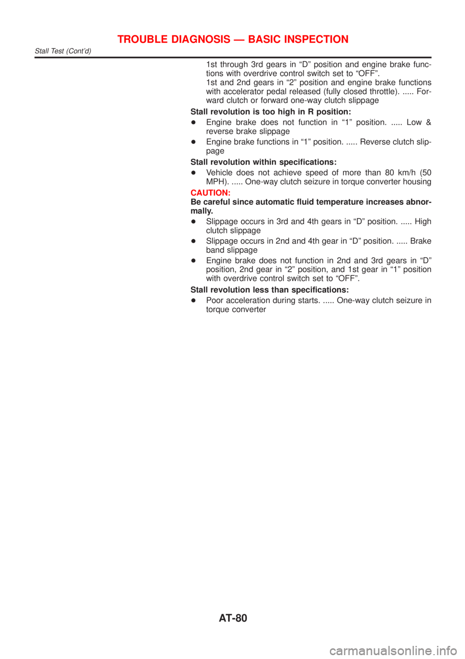 NISSAN ALMERA N16 2001 Electronic Repair Manual 1st through 3rd gears in ªDº position and engine brake func-
tions with overdrive control switch set to ªOFFº.
1st and 2nd gears in ª2º position and engine brake functions
with accelerator pedal NISSAN ALMERA N16 2001 Electronic Repair Manual 1st through 3rd gears in ªDº position and engine brake func-
tions with overdrive control switch set to ªOFFº.
1st and 2nd gears in ª2º position and engine brake functions
with accelerator pedal