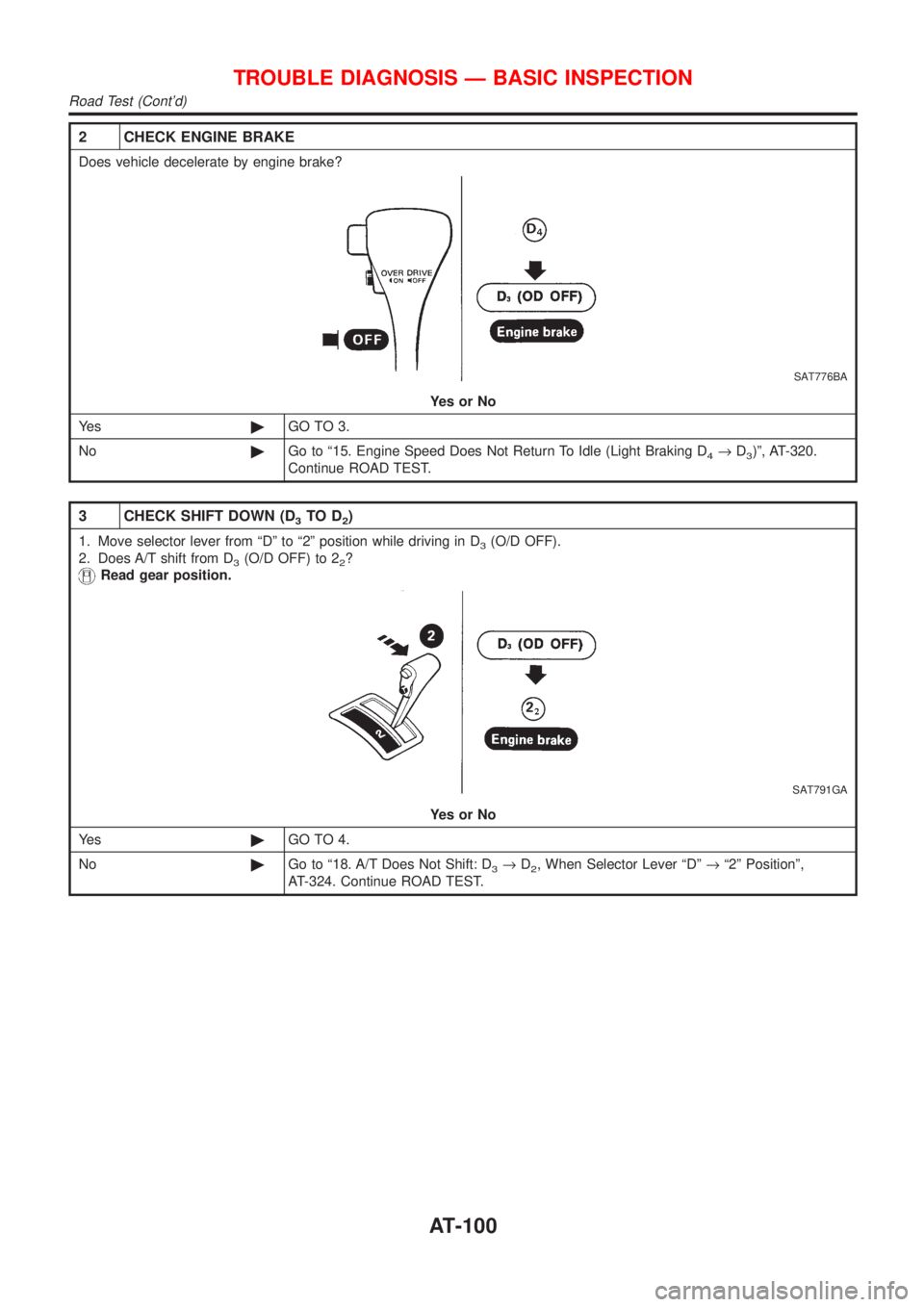 NISSAN ALMERA N16 2001  Electronic Repair Manual 2 CHECK ENGINE BRAKE
Does vehicle decelerate by engine brake?
SAT776BA
YesorNo
Ye s©GO TO 3.
No©Go to ª15. Engine Speed Does Not Return To Idle (Light Braking D
4®D3)º, AT-320.
Continue ROAD TEST