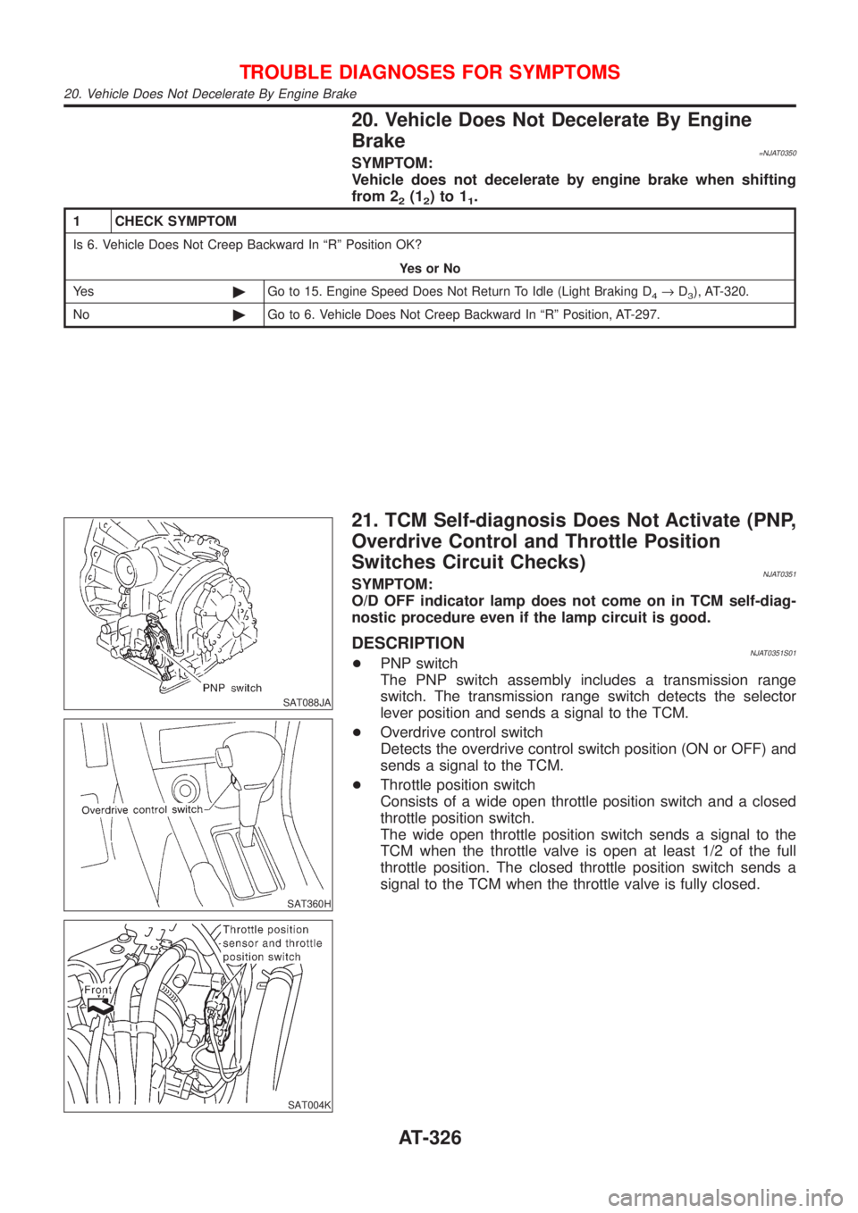 NISSAN ALMERA N16 2001 Electronic Repair Manual 20. Vehicle Does Not Decelerate By Engine
Brake
=NJAT0350SYMPTOM:
Vehicle does not decelerate by engine brake when shifting
from 2
2(12)to11.
1 CHECK SYMPTOM
Is 6. Vehicle Does Not Creep Backward In NISSAN ALMERA N16 2001 Electronic Repair Manual 20. Vehicle Does Not Decelerate By Engine
Brake
=NJAT0350SYMPTOM:
Vehicle does not decelerate by engine brake when shifting
from 2
2(12)to11.
1 CHECK SYMPTOM
Is 6. Vehicle Does Not Creep Backward In