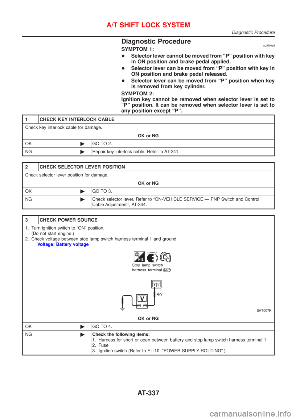 NISSAN ALMERA N16 2001 Electronic Repair Manual Diagnostic ProcedureNJAT0105SYMPTOM 1:
+Selector lever cannot be moved from ªPº position with key
in ON position and brake pedal applied.
+Selector lever can be moved from ªPº position with key in NISSAN ALMERA N16 2001 Electronic Repair Manual Diagnostic ProcedureNJAT0105SYMPTOM 1:
+Selector lever cannot be moved from ªPº position with key
in ON position and brake pedal applied.
+Selector lever can be moved from ªPº position with key in