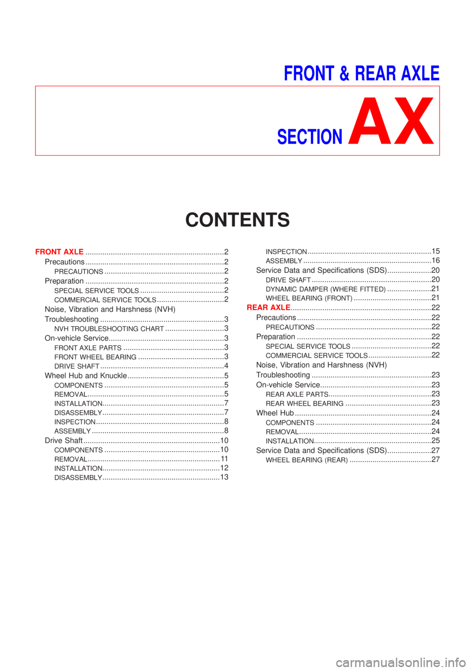 NISSAN ALMERA N16 2001 Electronic Repair Manual FRONT & REAR AXLE
SECTION
AX
CONTENTS
FRONT AXLE..................................................................2
Precautions ..................................................................2
PREC NISSAN ALMERA N16 2001 Electronic Repair Manual FRONT & REAR AXLE
SECTION
AX
CONTENTS
FRONT AXLE..................................................................2
Precautions ..................................................................2
PREC