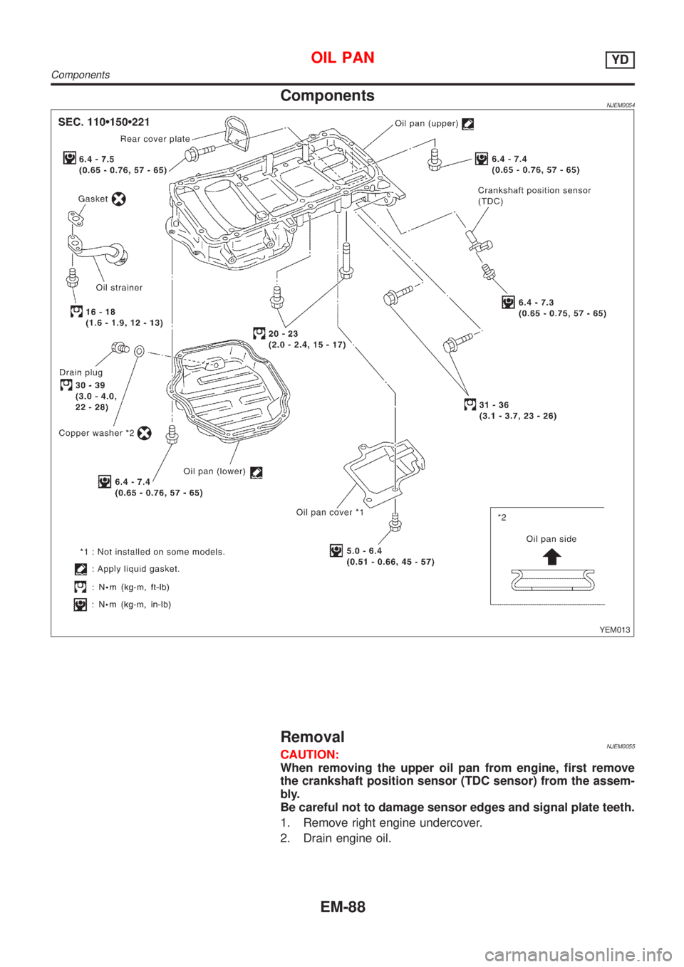 NISSAN ALMERA N16 2001  Electronic Repair Manual ComponentsNJEM0054
YEM013
RemovalNJEM0055CAUTION:
When removing the upper oil pan from engine, first remove
the crankshaft position sensor (TDC sensor) from the assem-
bly.
Be careful not to damage se