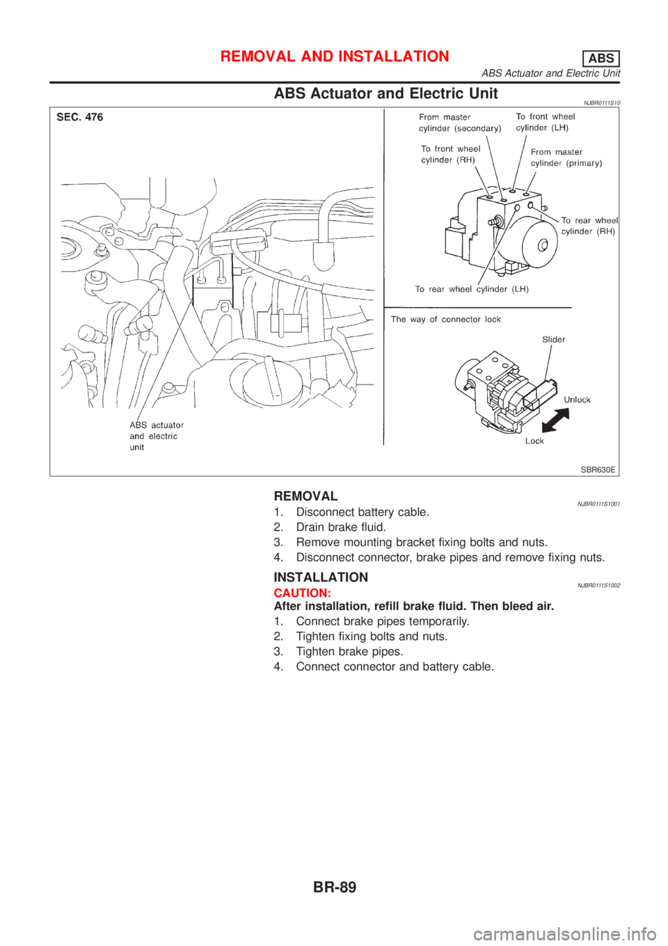 NISSAN ALMERA N16 2001  Electronic Repair Manual ABS Actuator and Electric UnitNJBR0111S10
SBR630E
REMOVALNJBR0111S10011. Disconnect battery cable.
2. Drain brake fluid.
3. Remove mounting bracket fixing bolts and nuts.
4. Disconnect connector, brak