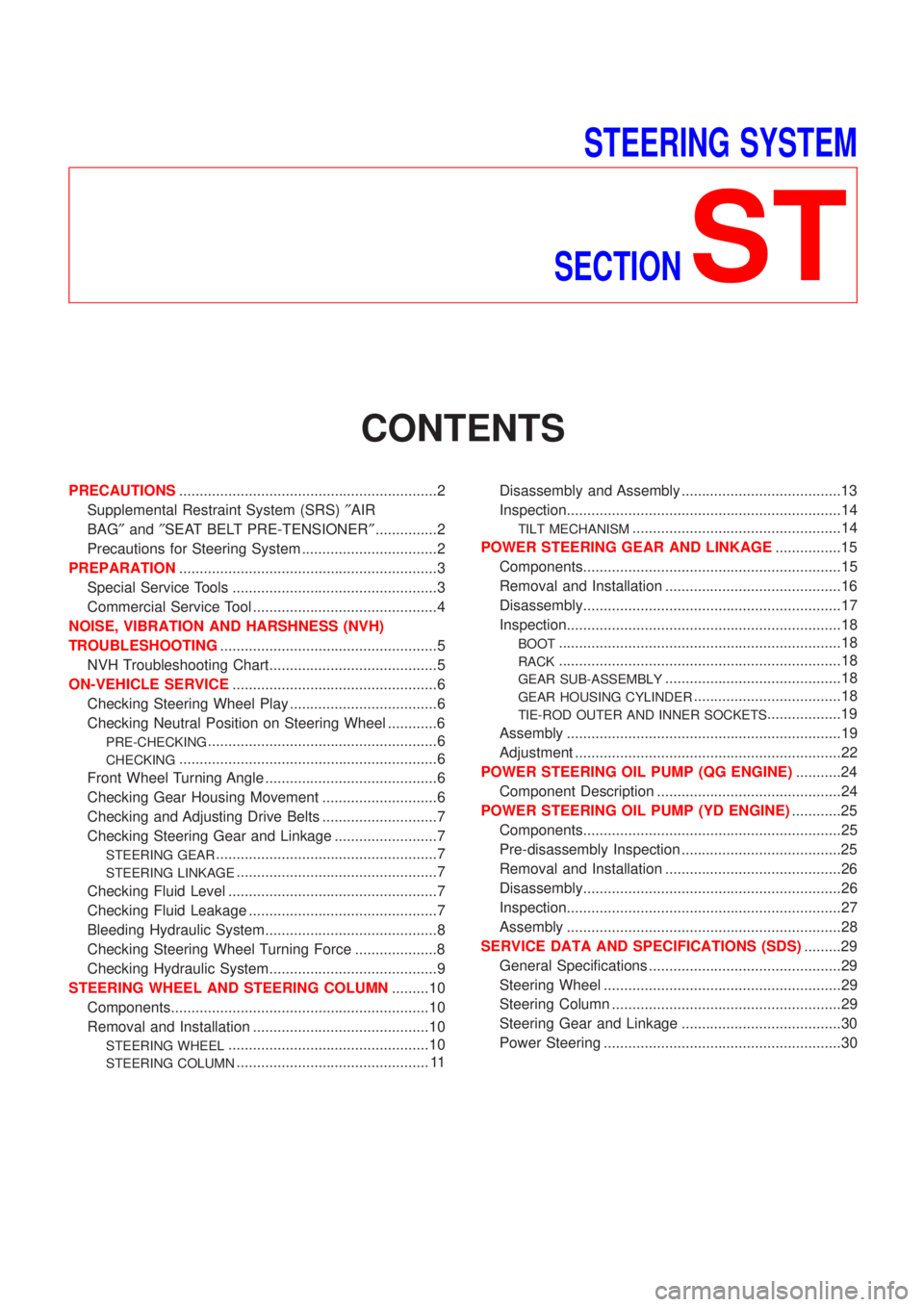 NISSAN ALMERA N16 2001 Electronic Repair Manual STEERING SYSTEM
SECTION
ST
CONTENTS
PRECAUTIONS...............................................................2
Supplemental Restraint System (SRS)²AIR
BAG²and²SEAT BELT PRE-TENSIONER²............ NISSAN ALMERA N16 2001 Electronic Repair Manual STEERING SYSTEM
SECTION
ST
CONTENTS
PRECAUTIONS...............................................................2
Supplemental Restraint System (SRS)²AIR
BAG²and²SEAT BELT PRE-TENSIONER²............