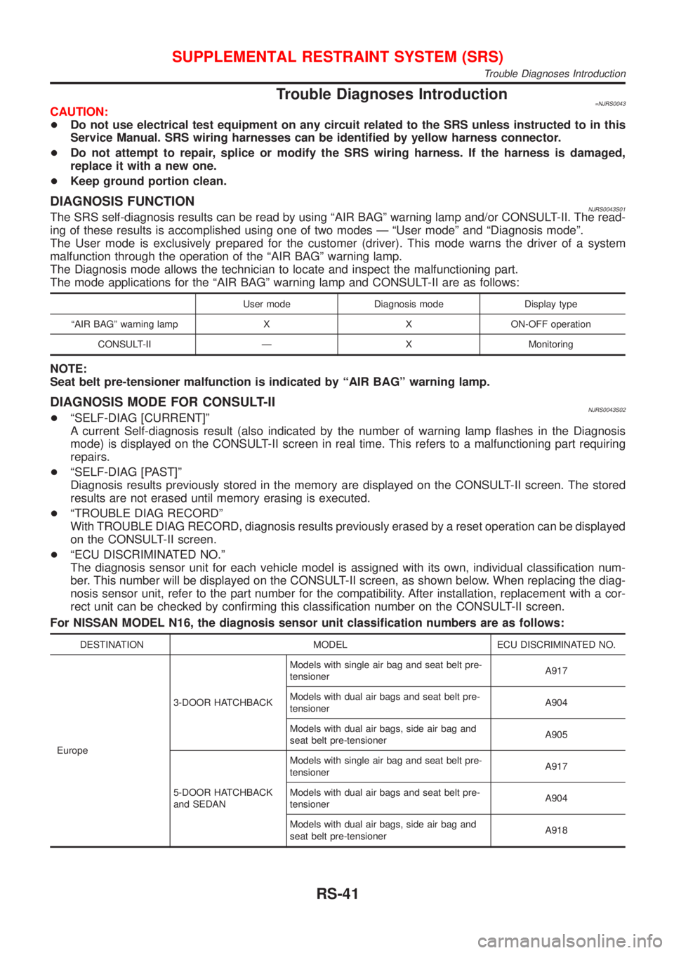 NISSAN ALMERA N16 2001  Electronic Repair Manual Trouble Diagnoses Introduction=NJRS0043CAUTION:
+Do not use electrical test equipment on any circuit related to the SRS unless instructed to in this
Service Manual. SRS wiring harnesses can be identif
