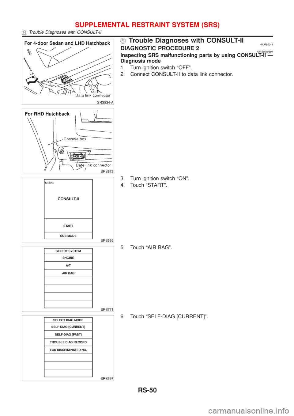 NISSAN ALMERA N16 2001  Electronic Repair Manual SRS834-A
SRS872
Trouble Diagnoses with CONSULT-II=NJRS0048DIAGNOSTIC PROCEDURE 2NJRS0048S01Inspecting SRS malfunctioning parts by using CONSULT-II Ð
Diagnosis mode
1. Turn ignition switch ªOFFº.
2.