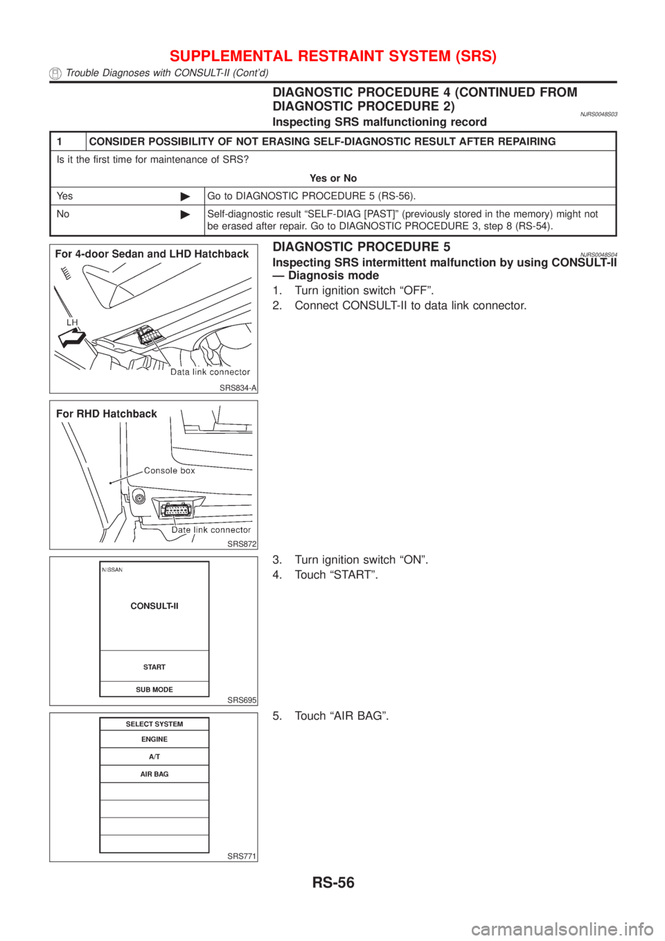 NISSAN ALMERA N16 2001  Electronic Repair Manual DIAGNOSTIC PROCEDURE 4 (CONTINUED FROM
DIAGNOSTIC PROCEDURE 2)
NJRS0048S03Inspecting SRS malfunctioning record
1 CONSIDER POSSIBILITY OF NOT ERASING SELF-DIAGNOSTIC RESULT AFTER REPAIRING
Is it the fi