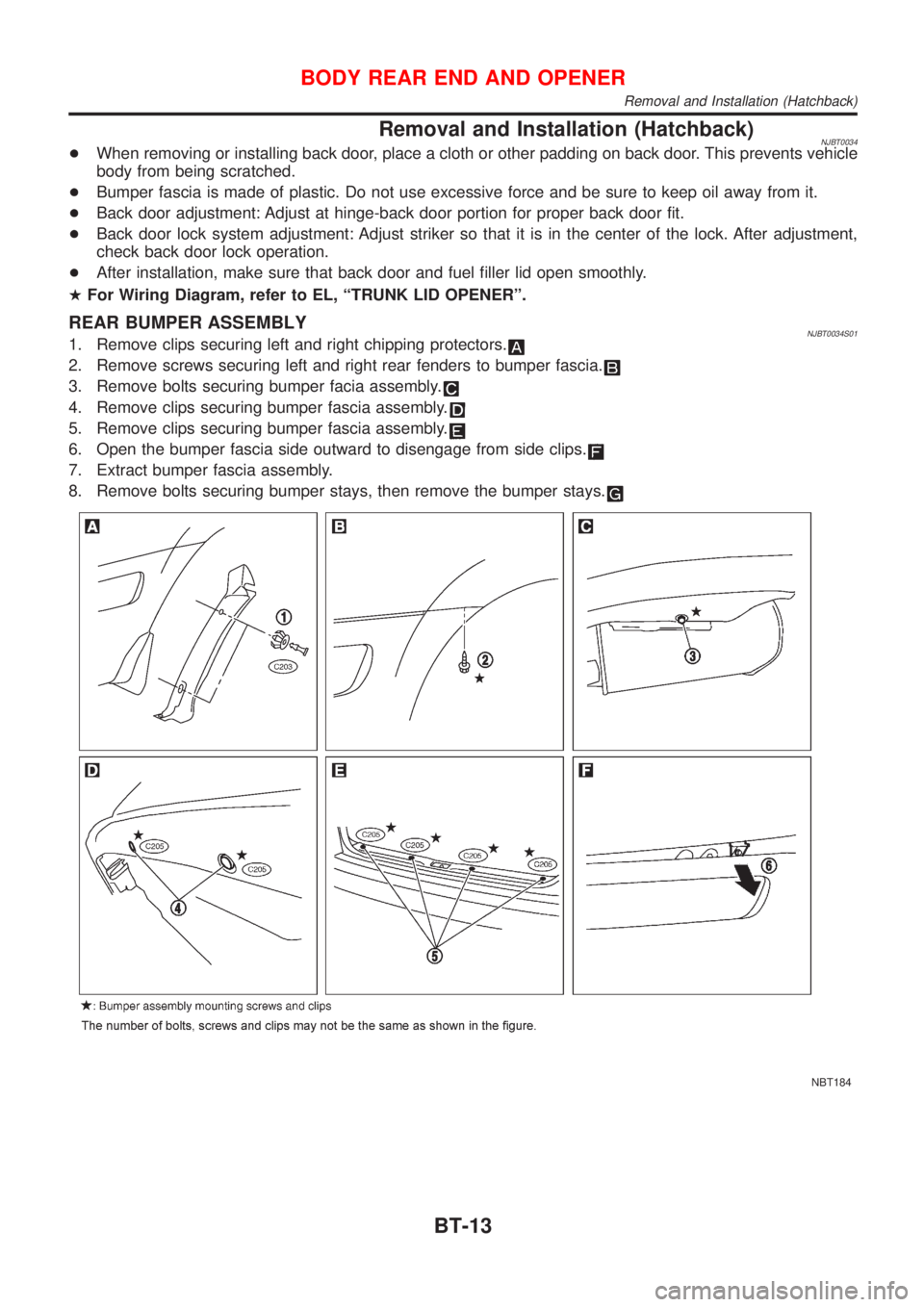 NISSAN ALMERA N16 2001  Electronic Repair Manual Removal and Installation (Hatchback)NJBT0034+When removing or installing back door, place a cloth or other padding on back door. This prevents vehicle
body from being scratched.
+Bumper fascia is made