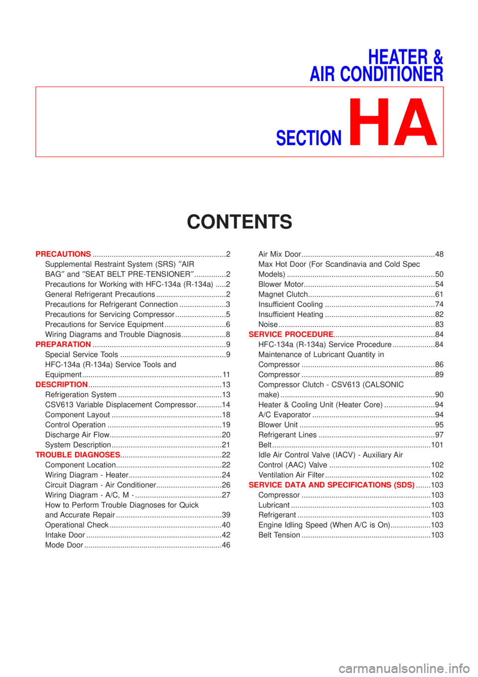 NISSAN ALMERA N16 2001  Electronic Repair Manual HEATER &
AIR CONDITIONER
SECTION
HA
CONTENTS
PRECAUTIONS...............................................................2
Supplemental Restraint System (SRS)²AIR
BAG²and²SEAT BELT PRE-TENSIONER²...