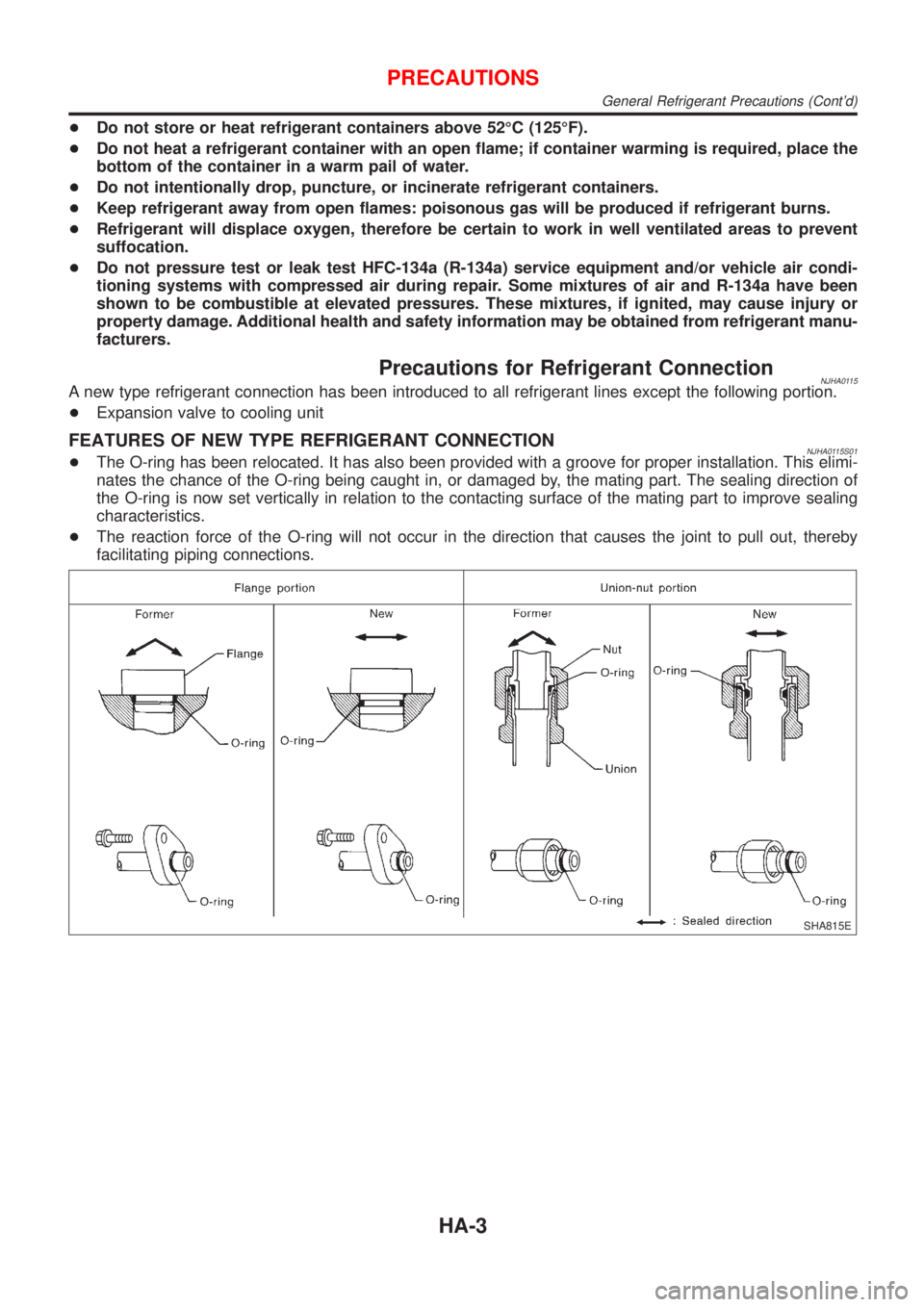 NISSAN ALMERA N16 2001  Electronic Repair Manual +Do not store or heat refrigerant containers above 52ÉC (125ÉF).
+Do not heat a refrigerant container with an open flame; if container warming is required, place the
bottom of the container in a war