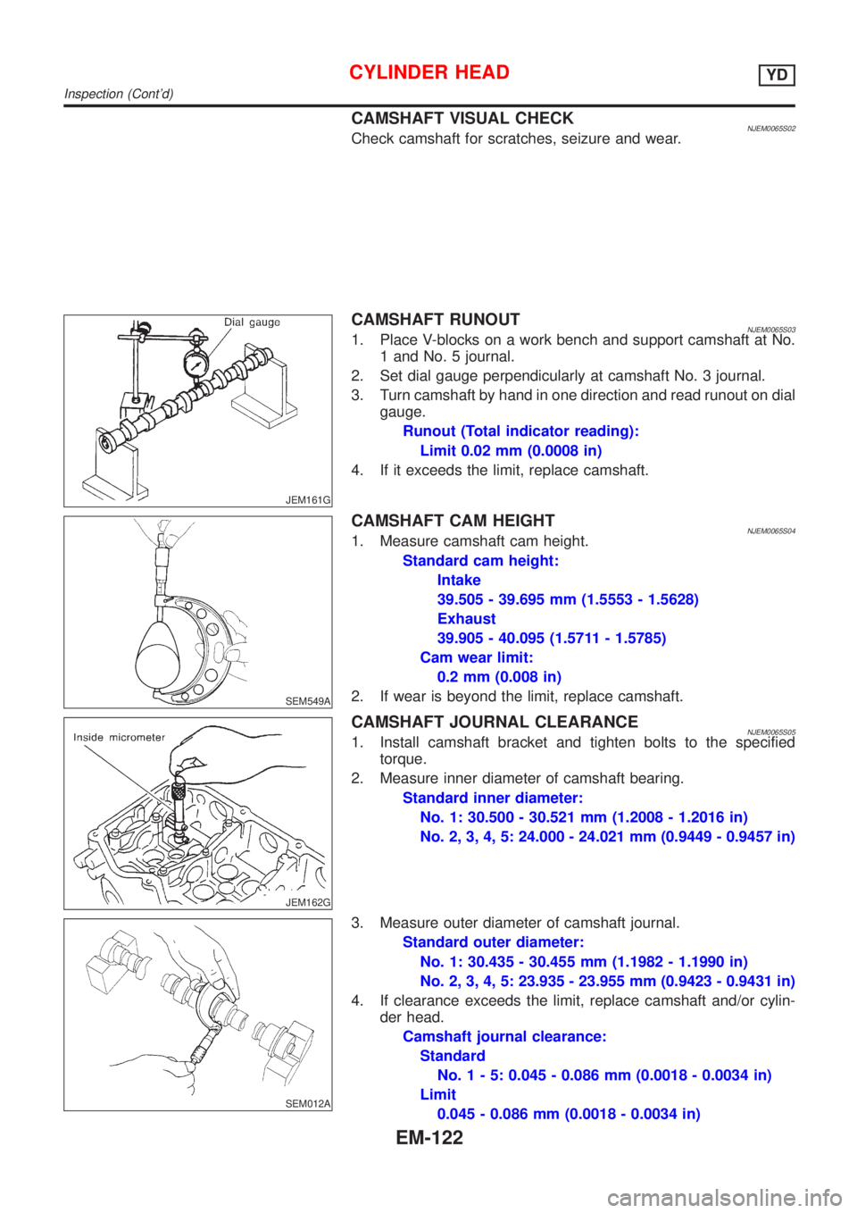NISSAN ALMERA N16 2001  Electronic Repair Manual CAMSHAFT VISUAL CHECKNJEM0065S02Check camshaft for scratches, seizure and wear.
JEM161G
CAMSHAFT RUNOUTNJEM0065S031. Place V-blocks on a work bench and support camshaft at No.
1 and No. 5 journal.
2. 