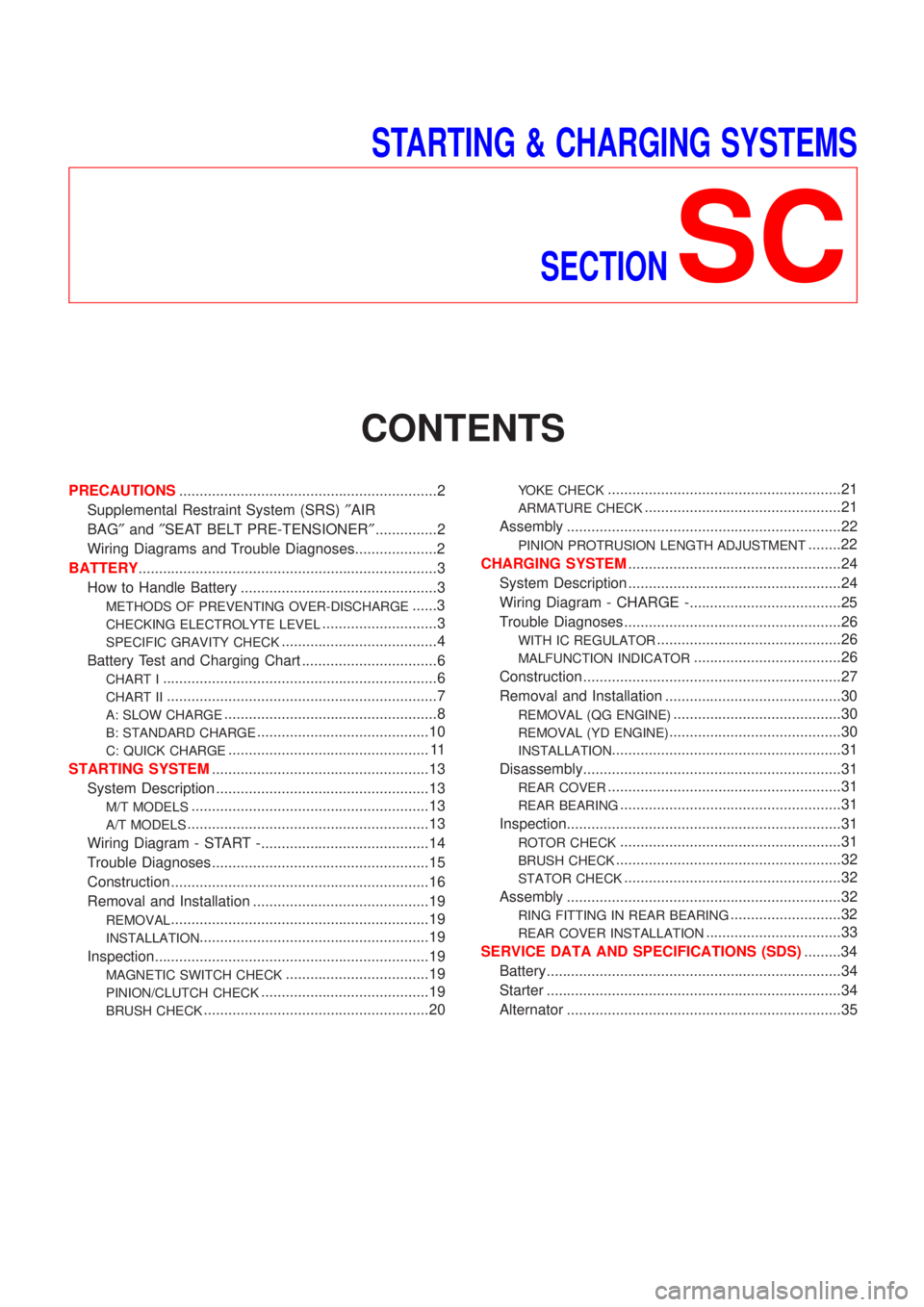 NISSAN ALMERA N16 2001  Electronic Repair Manual STARTING & CHARGING SYSTEMS
SECTION
SC
CONTENTS
PRECAUTIONS...............................................................2
Supplemental Restraint System (SRS)²AIR
BAG²and²SEAT BELT PRE-TENSIONER²