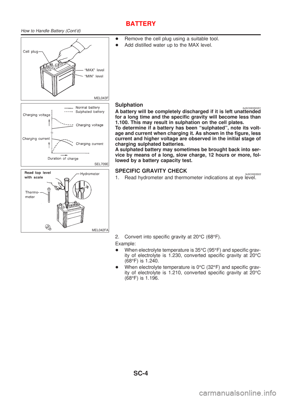 NISSAN ALMERA N16 2001  Electronic Repair Manual MEL043F
+Remove the cell plug using a suitable tool.
+Add distilled water up to the MAX level.
SEL709E
SulphationNJSC0003S0201A battery will be completely discharged if it is left unattended
for a lon