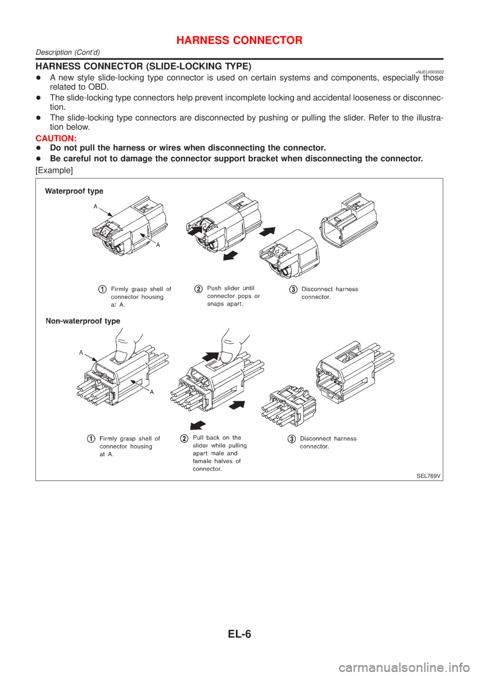 NISSAN ALMERA N16 2001  Electronic Repair Manual HARNESS CONNECTOR (SLIDE-LOCKING TYPE)=NJEL0003S02+A new style slide-locking type connector is used on certain systems and components, especially those
related to OBD.
+The slide-locking type connecto