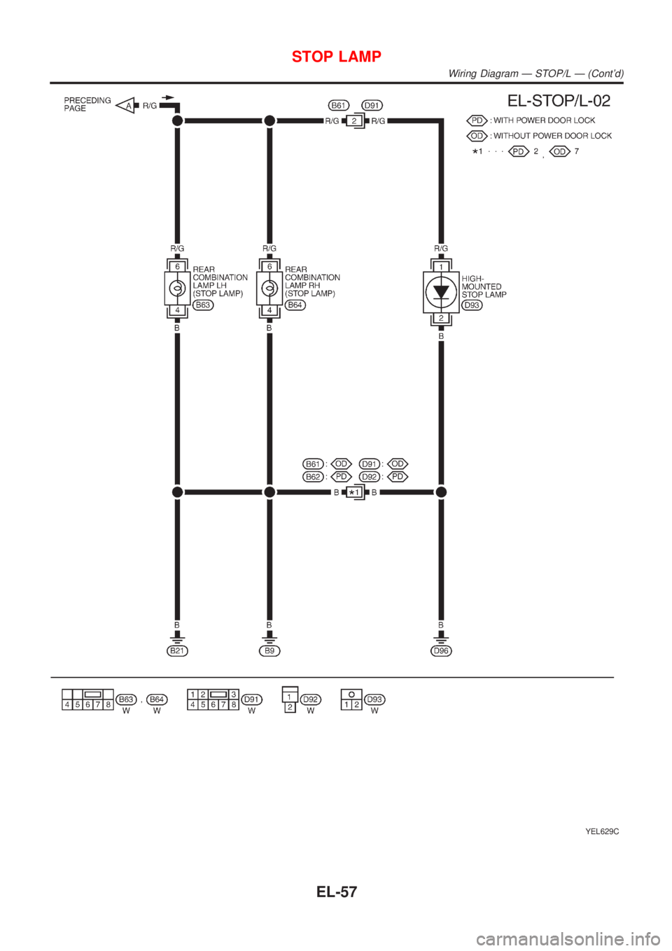NISSAN ALMERA N16 2001  Electronic Repair Manual YEL629C
STOP LAMP
Wiring Diagram Ð STOP/L Ð (Contd)
EL-57 