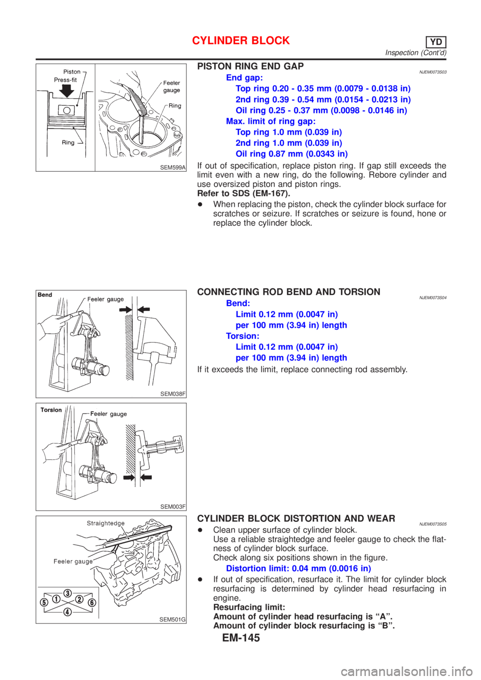 NISSAN ALMERA N16 2001  Electronic Repair Manual SEM599A
PISTON RING END GAPNJEM0073S03End gap:
Top ring 0.20 - 0.35 mm (0.0079 - 0.0138 in)
2nd ring 0.39 - 0.54 mm (0.0154 - 0.0213 in)
Oil ring 0.25 - 0.37 mm (0.0098 - 0.0146 in)
Max. limit of ring