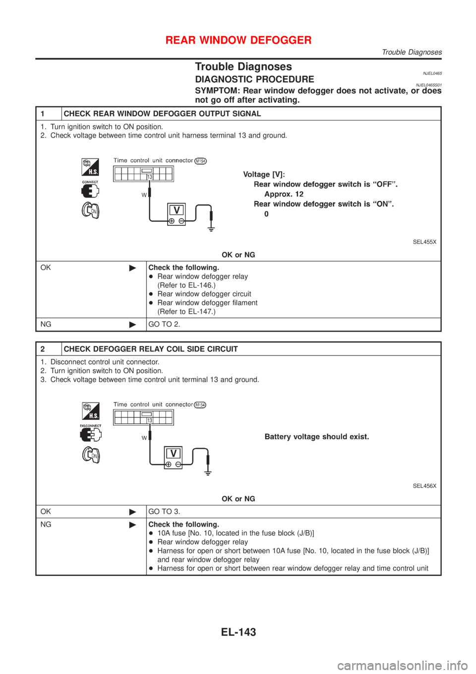 NISSAN ALMERA N16 2001  Electronic Repair Manual Trouble DiagnosesNJEL0465DIAGNOSTIC PROCEDURENJEL0465S01SYMPTOM: Rear window defogger does not activate, or does
not go off after activating.
1 CHECK REAR WINDOW DEFOGGER OUTPUT SIGNAL
1. Turn ignitio