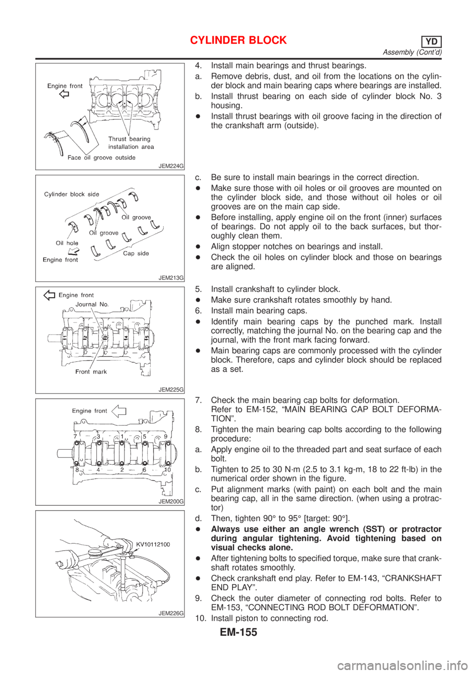 NISSAN ALMERA N16 2001  Electronic Repair Manual JEM224G
4. Install main bearings and thrust bearings.
a. Remove debris, dust, and oil from the locations on the cylin-
der block and main bearing caps where bearings are installed.
b. Install thrust b