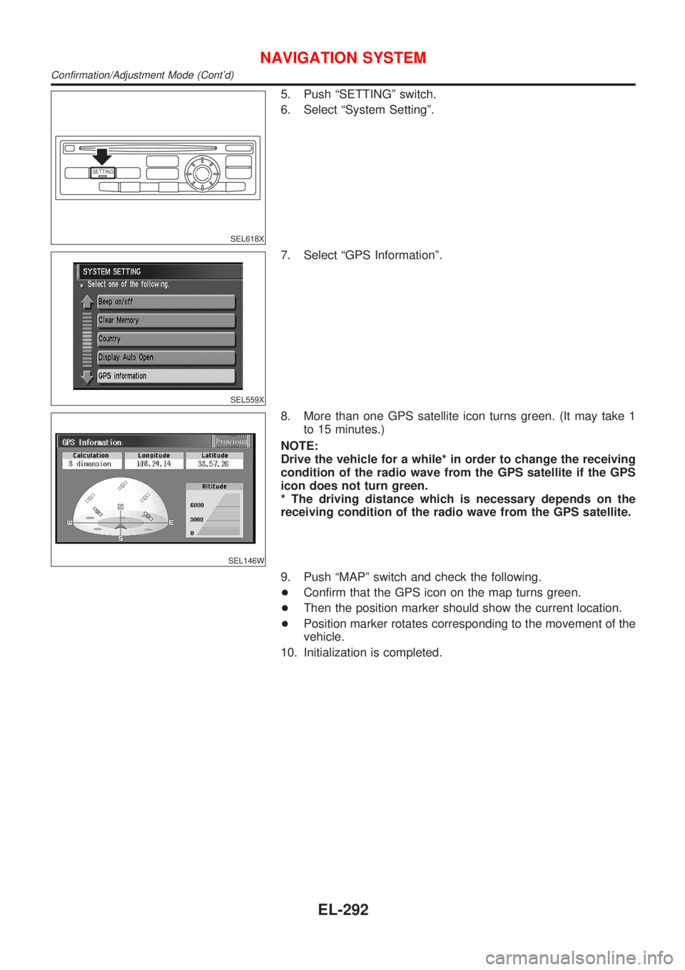NISSAN ALMERA N16 2001  Electronic Repair Manual SETTING
SEL618X
5. Push ªSETTINGº switch.
6. Select ªSystem Settingº.
SEL559X
7. Select ªGPS Informationº.
SEL146W
8. More than one GPS satellite icon turns green. (It may take 1
to 15 minutes.)