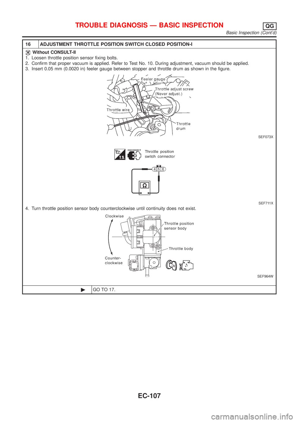 NISSAN ALMERA N16 2001  Electronic Repair Manual 16 ADJUSTMENT THROTTLE POSITION SWITCH CLOSED POSITION-I
Without CONSULT-II
1. Loosen throttle position sensor fixing bolts.
2. Confirm that proper vacuum is applied. Refer to Test No. 10. During adju