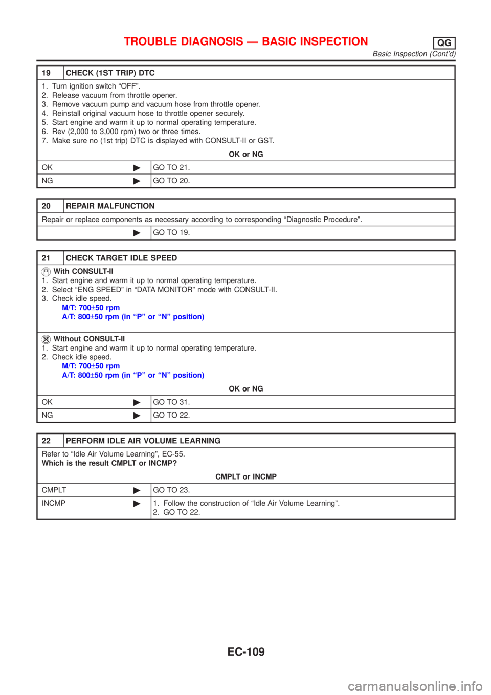 NISSAN ALMERA N16 2001  Electronic Repair Manual 19 CHECK (1ST TRIP) DTC
1. Turn ignition switch ªOFFº.
2. Release vacuum from throttle opener.
3. Remove vacuum pump and vacuum hose from throttle opener.
4. Reinstall original vacuum hose to thrott