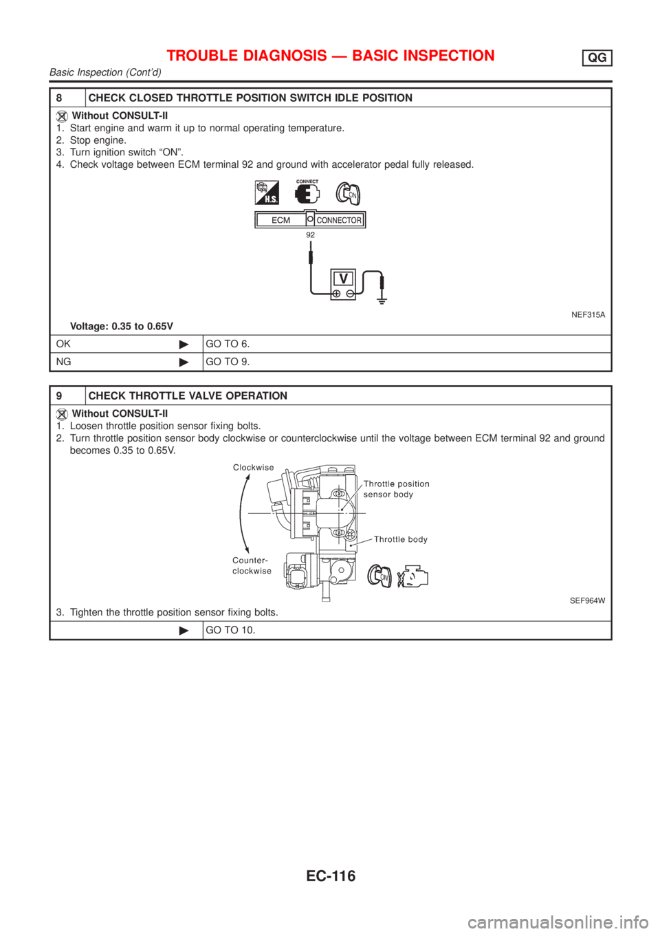 NISSAN ALMERA N16 2001  Electronic Repair Manual 8 CHECK CLOSED THROTTLE POSITION SWITCH IDLE POSITION
Without CONSULT-II
1. Start engine and warm it up to normal operating temperature.
2. Stop engine.
3. Turn ignition switch ªONº.
4. Check voltag