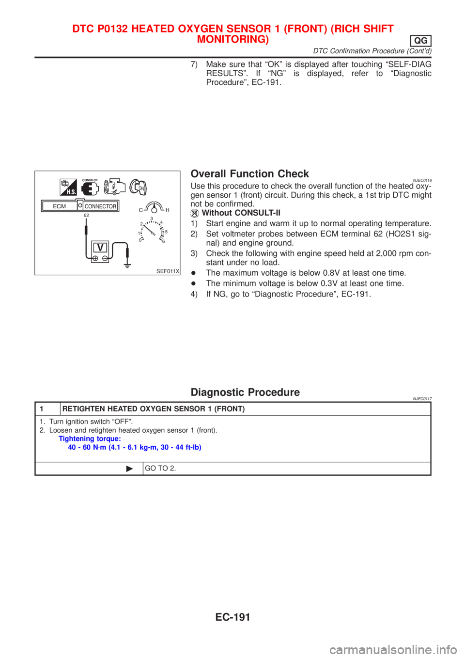 NISSAN ALMERA N16 2001  Electronic Repair Manual 7) Make sure that ªOKº is displayed after touching ªSELF-DIAG
RESULTSº. If ªNGº is displayed, refer to ªDiagnostic
Procedureº, EC-191.
SEF011X
Overall Function CheckNJEC0116Use this procedure 