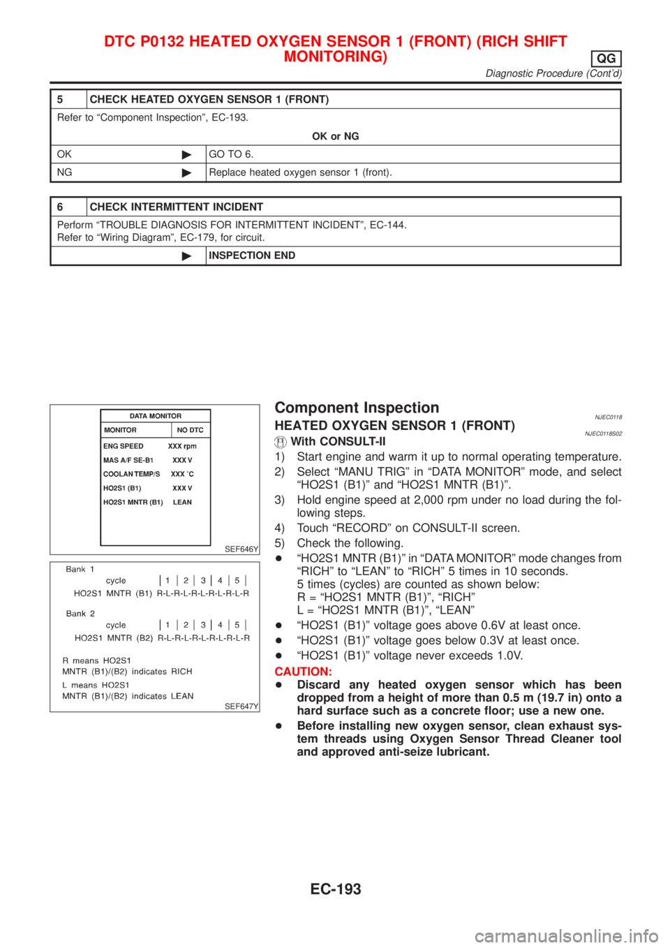 NISSAN ALMERA N16 2001  Electronic Repair Manual 5 CHECK HEATED OXYGEN SENSOR 1 (FRONT)
Refer to ªComponent Inspectionº, EC-193.
OK or NG
OK©GO TO 6.
NG©Replace heated oxygen sensor 1 (front).
6 CHECK INTERMITTENT INCIDENT
Perform ªTROUBLE DIAG