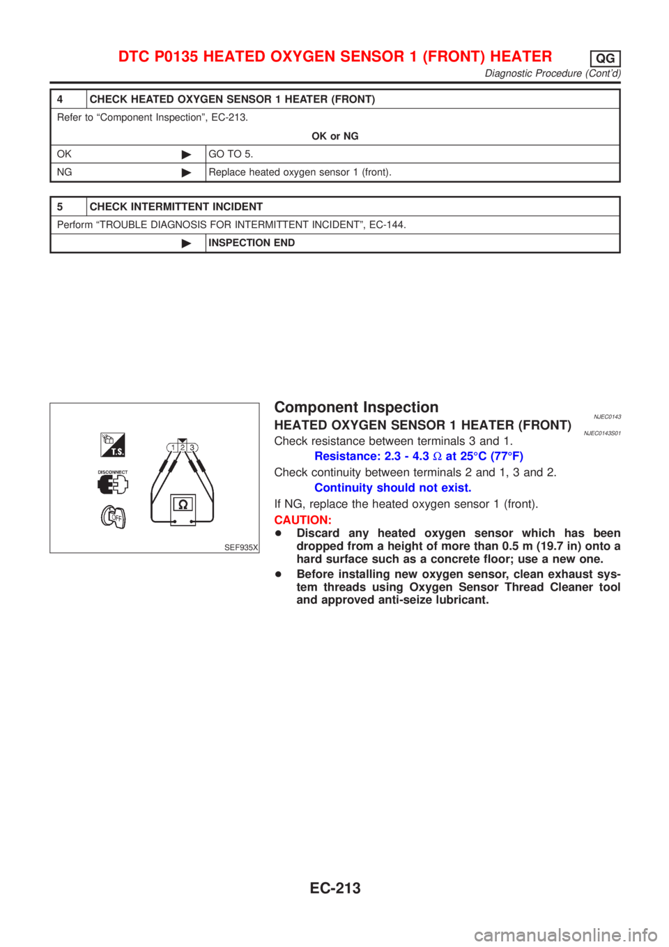 NISSAN ALMERA N16 2001  Electronic Repair Manual 4 CHECK HEATED OXYGEN SENSOR 1 HEATER (FRONT)
Refer to ªComponent Inspectionº, EC-213.
OK or NG
OK©GO TO 5.
NG©Replace heated oxygen sensor 1 (front).
5 CHECK INTERMITTENT INCIDENT
Perform ªTROUB