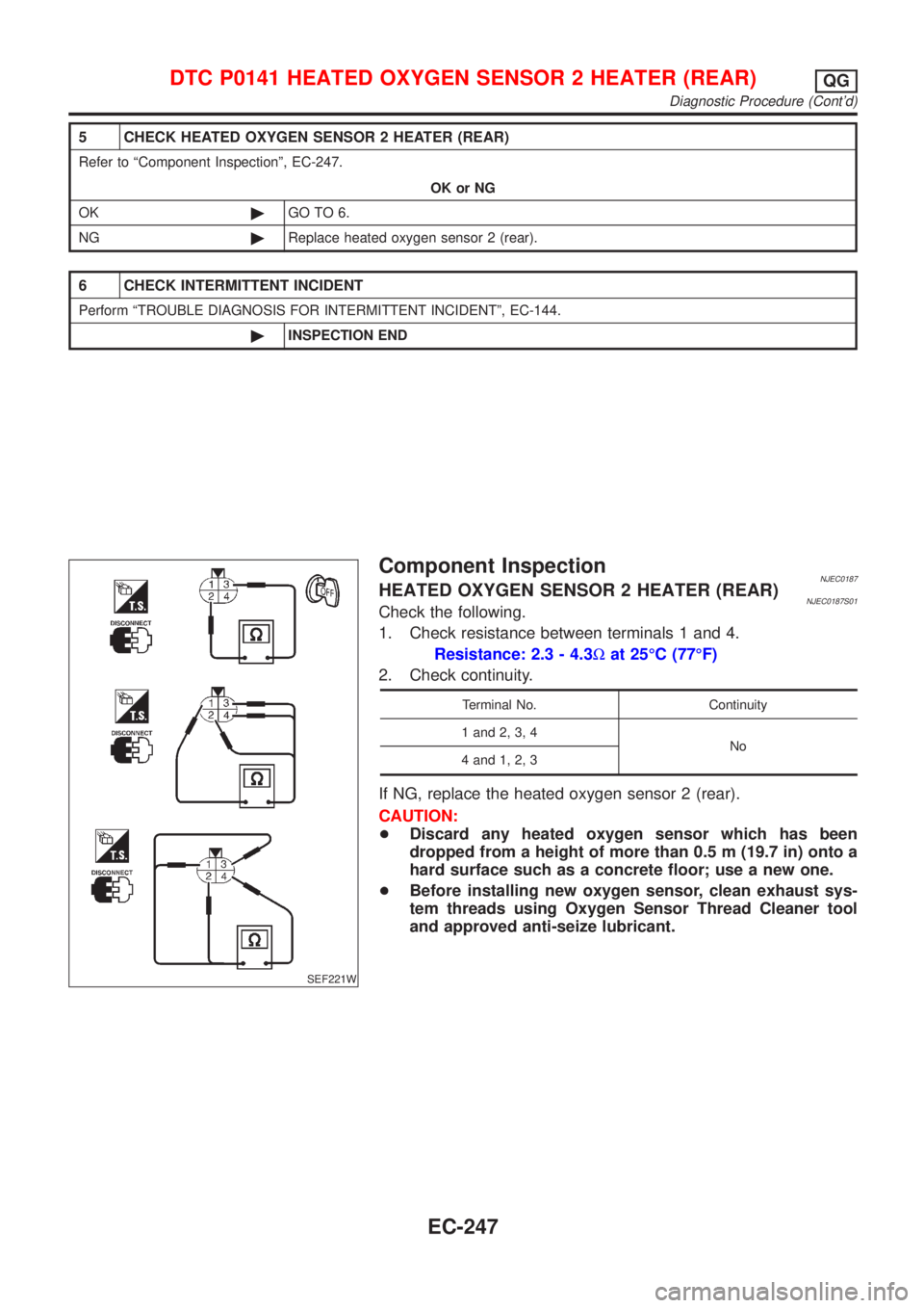 NISSAN ALMERA N16 2001  Electronic Repair Manual 5 CHECK HEATED OXYGEN SENSOR 2 HEATER (REAR)
Refer to ªComponent Inspectionº, EC-247.
OK or NG
OK©GO TO 6.
NG©Replace heated oxygen sensor 2 (rear).
6 CHECK INTERMITTENT INCIDENT
Perform ªTROUBLE