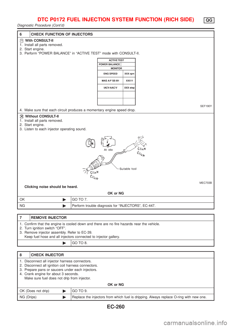 NISSAN ALMERA N16 2001  Electronic Repair Manual 6 CHECK FUNCTION OF INJECTORS
With CONSULT-II
1. Install all parts removed.
2. Start engine.
3. Perform ªPOWER BALANCEº in ªACTIVE TESTº mode with CONSULT-II.
SEF190Y
4. Make sure that each circui
