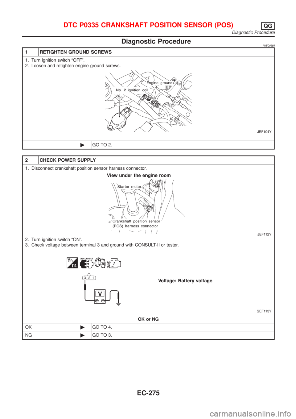 NISSAN ALMERA N16 2001  Electronic Repair Manual Diagnostic ProcedureNJEC0556
1 RETIGHTEN GROUND SCREWS
1. Turn ignition switch ªOFFº.
2. Loosen and retighten engine ground screws.
JEF104Y
©GO TO 2.
2 CHECK POWER SUPPLY
1. Disconnect crankshaft p