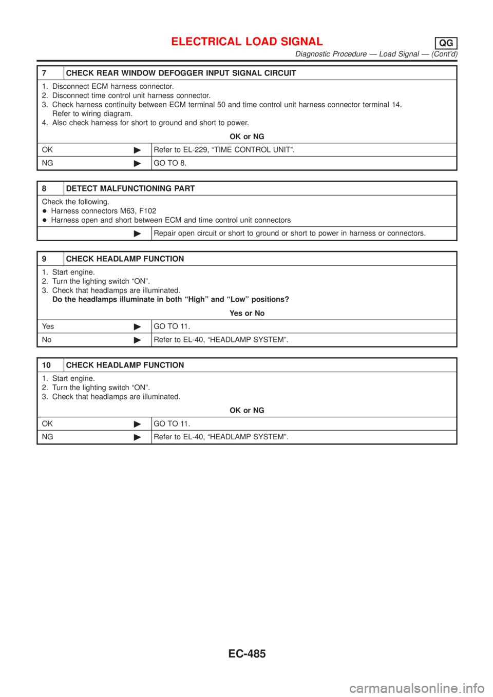 NISSAN ALMERA N16 2001  Electronic Repair Manual 7 CHECK REAR WINDOW DEFOGGER INPUT SIGNAL CIRCUIT
1. Disconnect ECM harness connector.
2. Disconnect time control unit harness connector.
3. Check harness continuity between ECM terminal 50 and time c