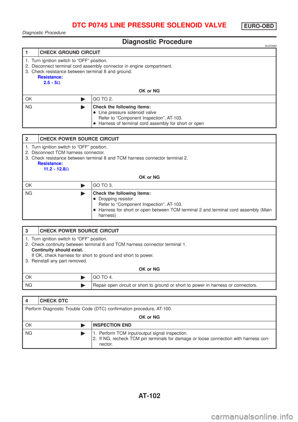 NISSAN ALMERA TINO 2001 Service Repair Manual Diagnostic ProcedureNLAT0062
1 CHECK GROUND CIRCUIT
1. Turn ignition switch to ªOFFº position.
2. Disconnect terminal cord assembly connector in engine compartment.
3. Check resistance between termi NISSAN ALMERA TINO 2001 Service Repair Manual Diagnostic ProcedureNLAT0062
1 CHECK GROUND CIRCUIT
1. Turn ignition switch to ªOFFº position.
2. Disconnect terminal cord assembly connector in engine compartment.
3. Check resistance between termi