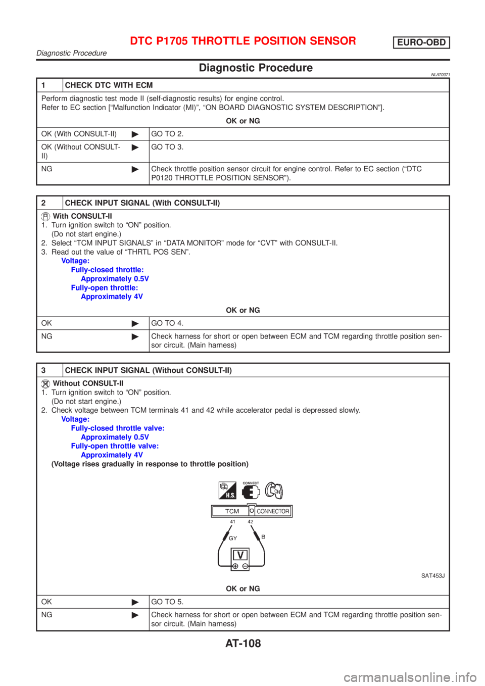NISSAN ALMERA TINO 2001 Service Repair Manual Diagnostic ProcedureNLAT0071
1 CHECK DTC WITH ECM
Perform diagnostic test mode II (self-diagnostic results) for engine control.
Refer to EC section [ªMalfunction Indicator (MI)º, ªON BOARD DIAGNOST NISSAN ALMERA TINO 2001 Service Repair Manual Diagnostic ProcedureNLAT0071
1 CHECK DTC WITH ECM
Perform diagnostic test mode II (self-diagnostic results) for engine control.
Refer to EC section [ªMalfunction Indicator (MI)º, ªON BOARD DIAGNOST