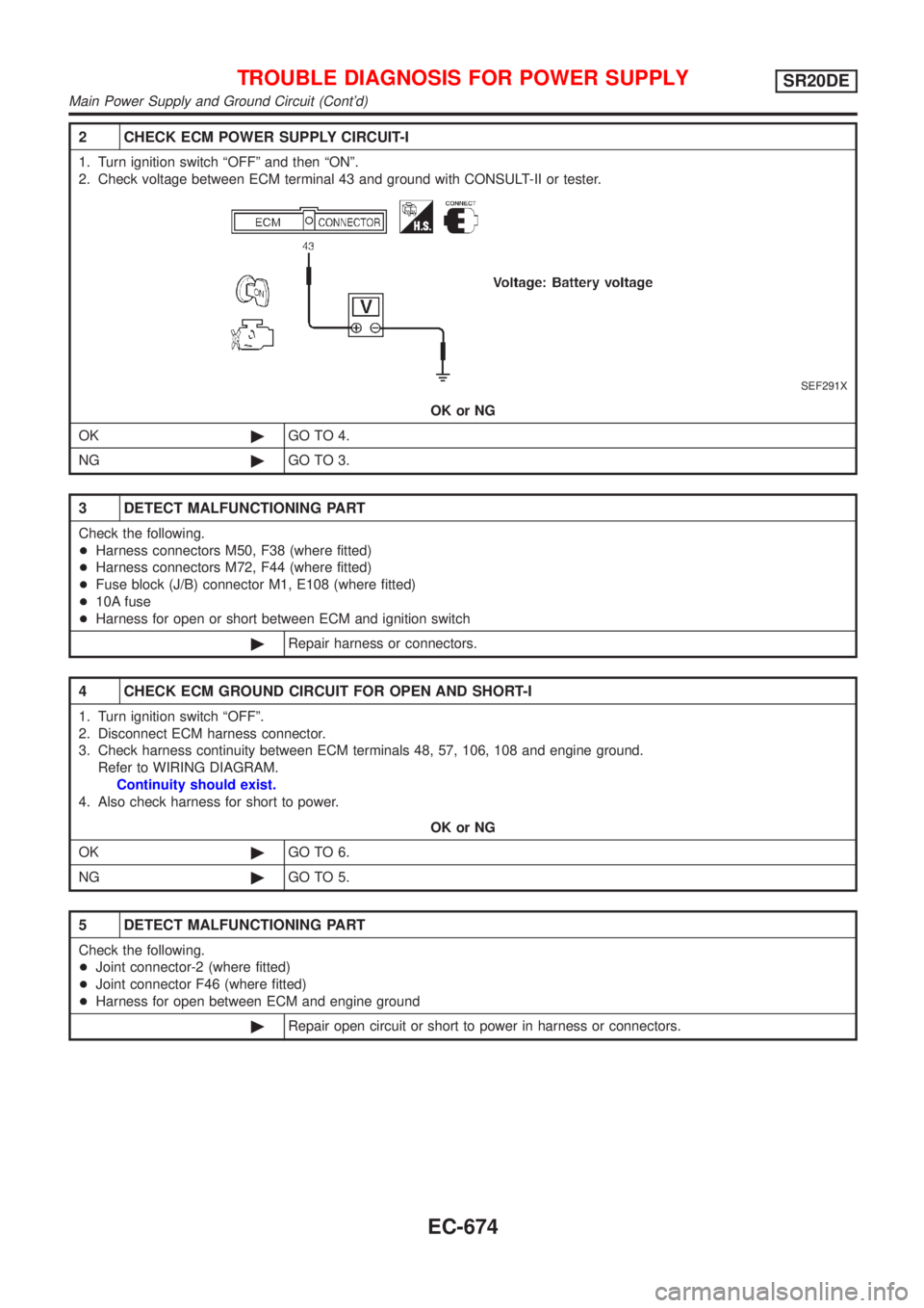 NISSAN ALMERA TINO 2001 Service Repair Manual 2 CHECK ECM POWER SUPPLY CIRCUIT-I
1. Turn ignition switch ªOFFº and then ªONº.
2. Check voltage between ECM terminal 43 and ground with CONSULT-II or tester.
SEF291X
OK or NG
OK©GO TO 4.
NG©GO NISSAN ALMERA TINO 2001 Service Repair Manual 2 CHECK ECM POWER SUPPLY CIRCUIT-I
1. Turn ignition switch ªOFFº and then ªONº.
2. Check voltage between ECM terminal 43 and ground with CONSULT-II or tester.
SEF291X
OK or NG
OK©GO TO 4.
NG©GO