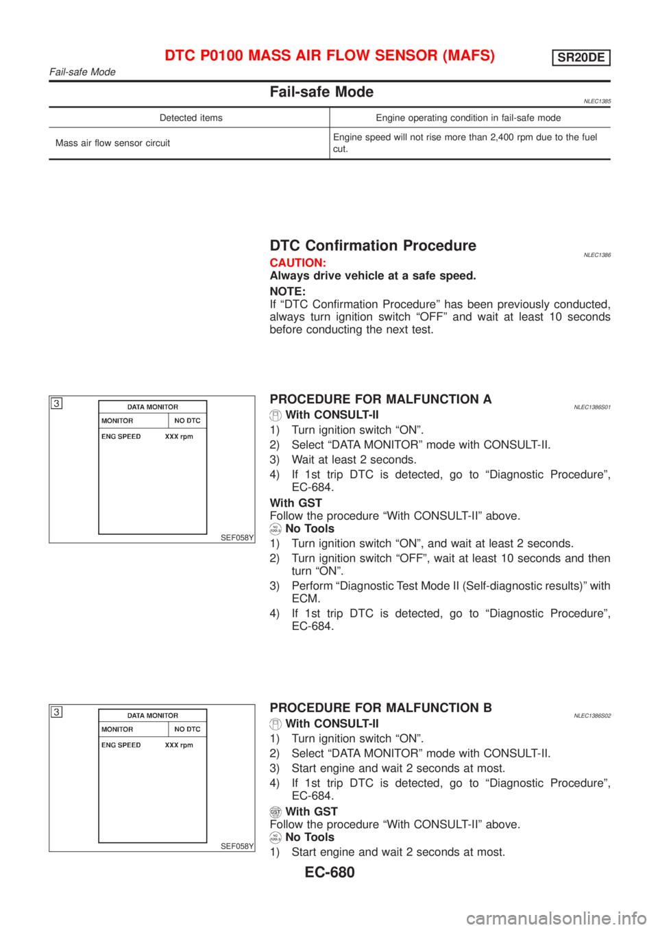 NISSAN ALMERA TINO 2001 Service Repair Manual Fail-safe ModeNLEC1385
Detected items Engine operating condition in fail-safe mode
Mass air flow sensor circuitEngine speed will not rise more than 2,400 rpm due to the fuel
cut.
DTC Confirmation Proc NISSAN ALMERA TINO 2001 Service Repair Manual Fail-safe ModeNLEC1385
Detected items Engine operating condition in fail-safe mode
Mass air flow sensor circuitEngine speed will not rise more than 2,400 rpm due to the fuel
cut.
DTC Confirmation Proc