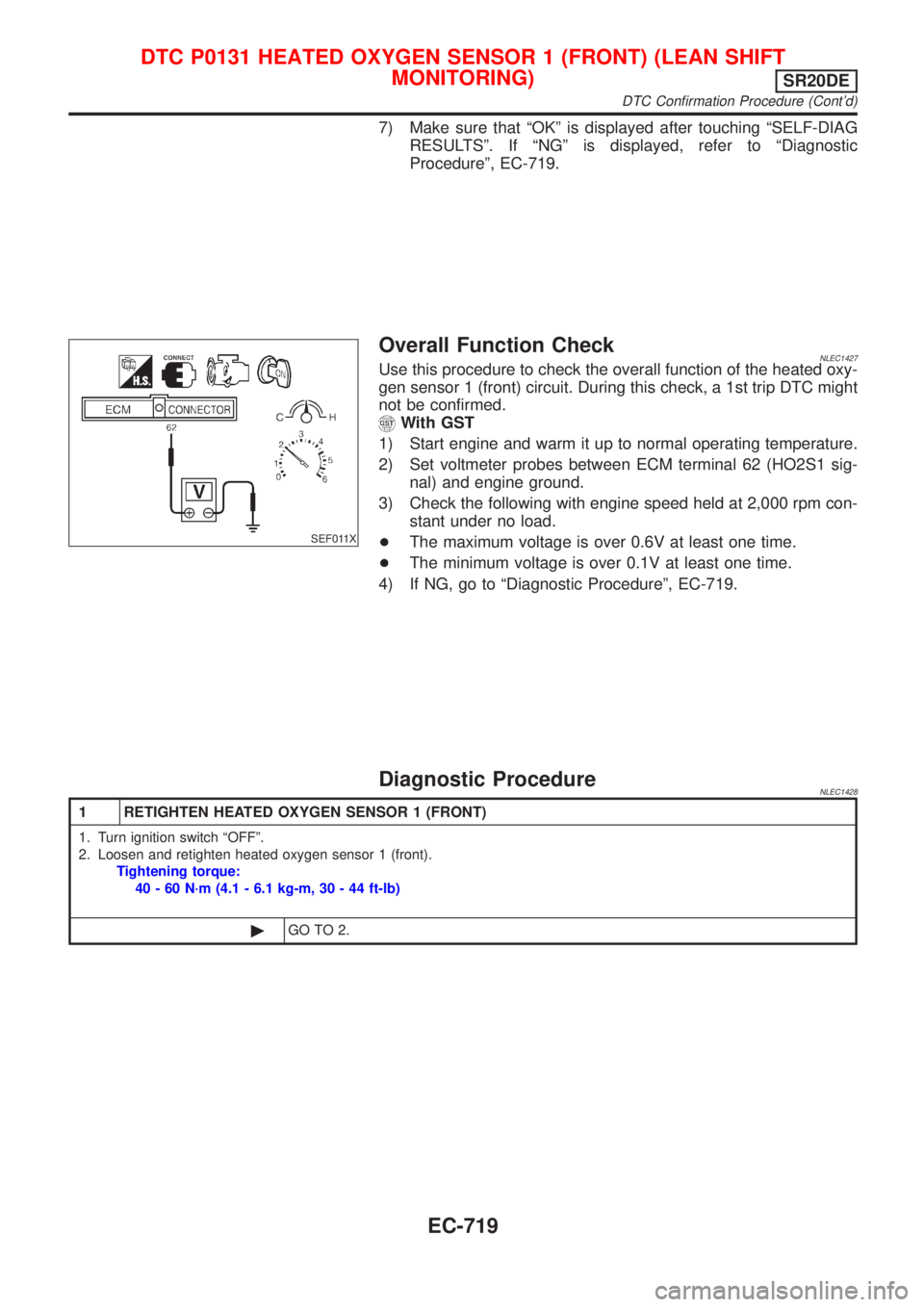NISSAN ALMERA TINO 2001  Service Repair Manual 7) Make sure that ªOKº is displayed after touching ªSELF-DIAG
RESULTSº. If ªNGº is displayed, refer to ªDiagnostic
Procedureº, EC-719.
SEF011X
Overall Function CheckNLEC1427Use this procedure 
