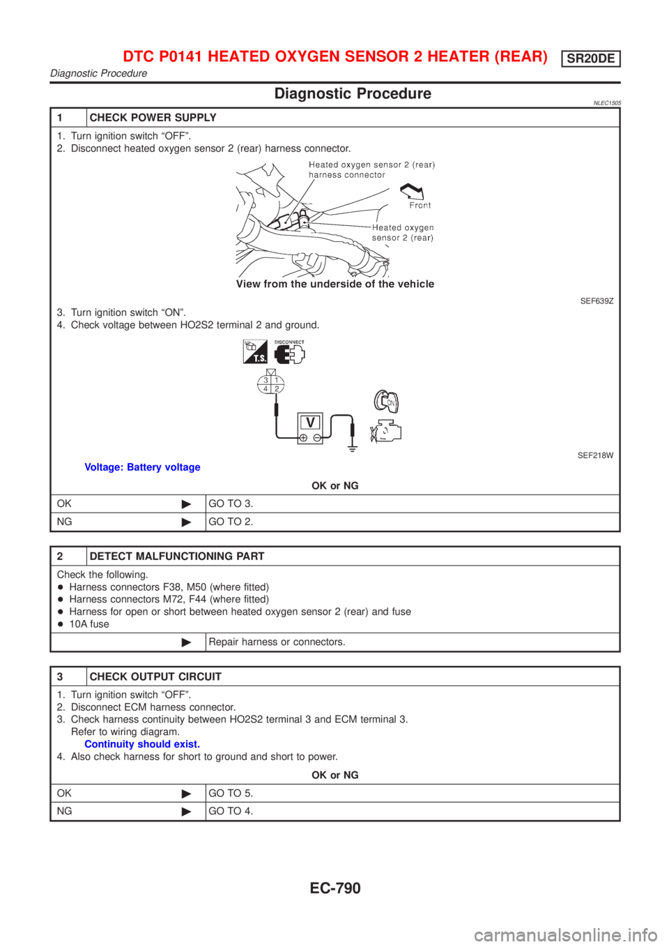 NISSAN ALMERA TINO 2001  Service Repair Manual Diagnostic ProcedureNLEC1505
1 CHECK POWER SUPPLY
1. Turn ignition switch ªOFFº.
2. Disconnect heated oxygen sensor 2 (rear) harness connector.
SEF639Z
3. Turn ignition switch ªONº.
4. Check volta
