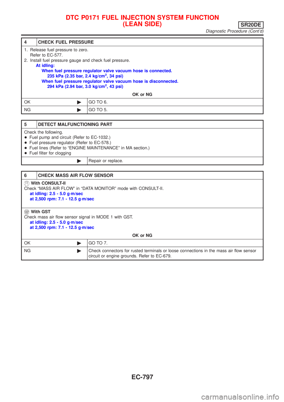 NISSAN ALMERA TINO 2001  Service Repair Manual 4 CHECK FUEL PRESSURE
1. Release fuel pressure to zero.
Refer to EC-577.
2. Install fuel pressure gauge and check fuel pressure.
At idling:
When fuel pressure regulator valve vacuum hose is connected.