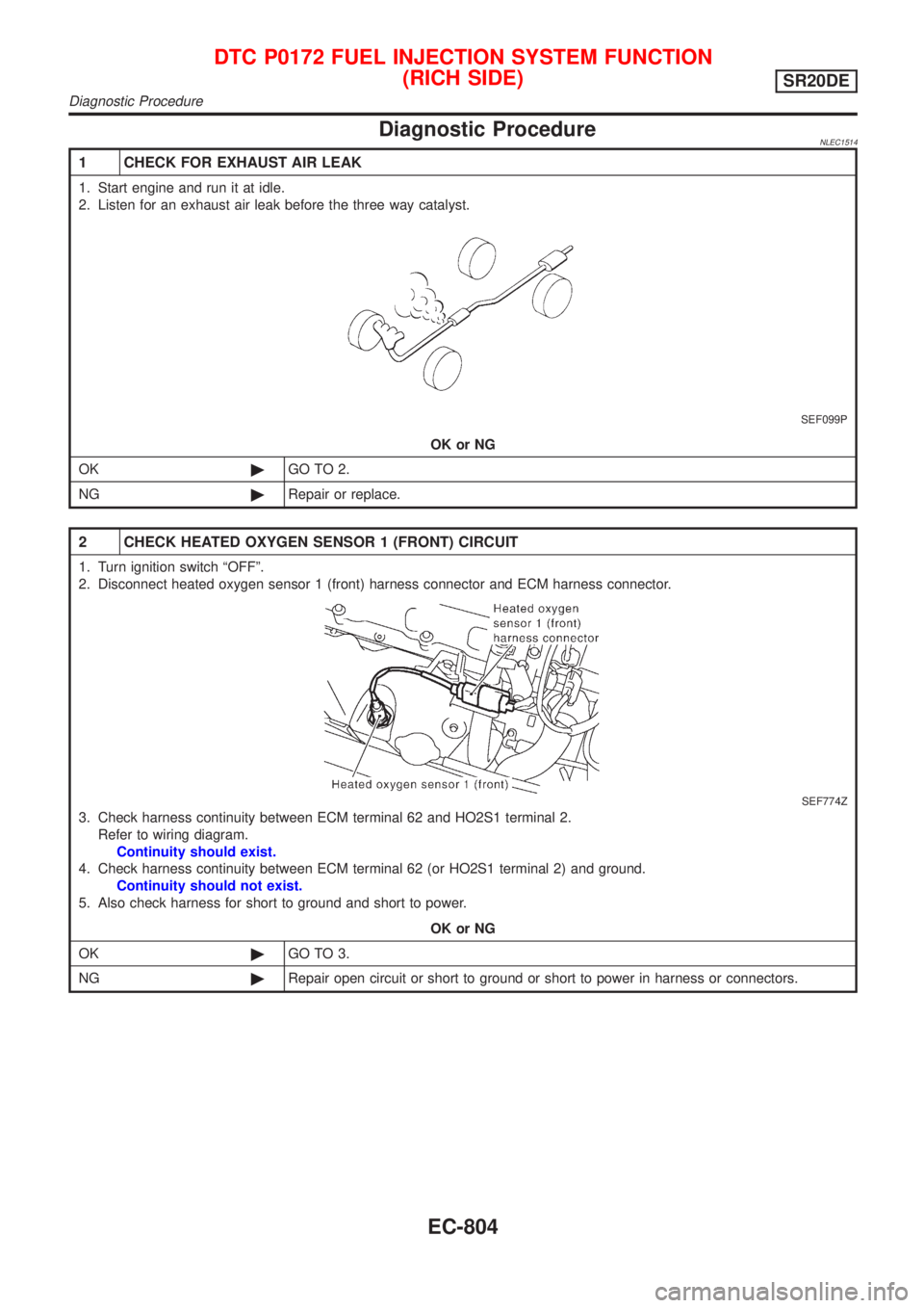 NISSAN ALMERA TINO 2001  Service Repair Manual Diagnostic ProcedureNLEC1514
1 CHECK FOR EXHAUST AIR LEAK
1. Start engine and run it at idle.
2. Listen for an exhaust air leak before the three way catalyst.
SEF099P
OK or NG
OK©GO TO 2.
NG©Repair 