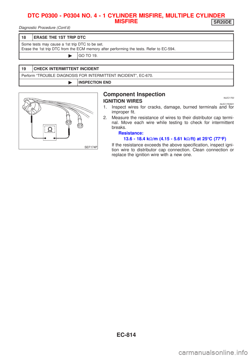 NISSAN ALMERA TINO 2001  Service Repair Manual 18 ERASE THE 1ST TRIP DTC
Some tests may cause a 1st trip DTC to be set.
Erase the 1st trip DTC from the ECM memory after performing the tests. Refer to EC-594.
©GO TO 19.
19 CHECK INTERMITTENT INCID