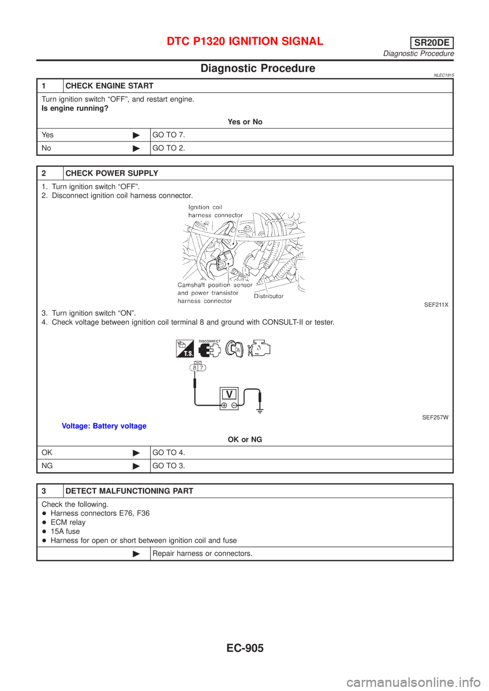 NISSAN ALMERA TINO 2001  Service Repair Manual Diagnostic ProcedureNLEC1915
1 CHECK ENGINE START
Turn ignition switch ªOFFº, and restart engine.
Is engine running?
YesorNo
Ye s©GO TO 7.
No©GO TO 2.
2 CHECK POWER SUPPLY
1. Turn ignition switch 
