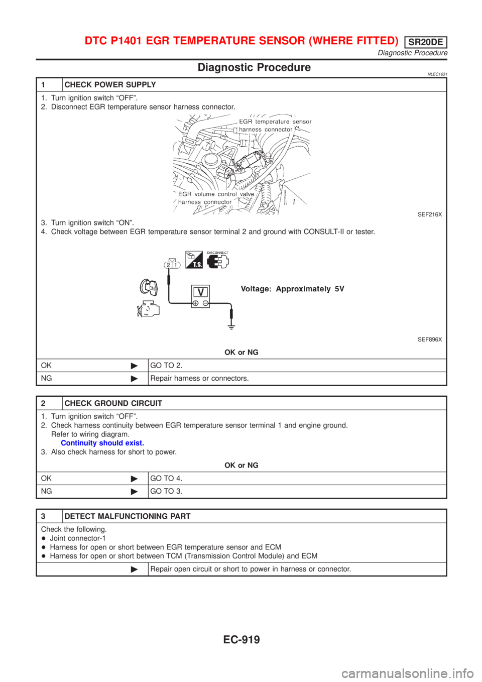 NISSAN ALMERA TINO 2001  Service Repair Manual Diagnostic ProcedureNLEC1631
1 CHECK POWER SUPPLY
1. Turn ignition switch ªOFFº.
2. Disconnect EGR temperature sensor harness connector.
SEF216X
3. Turn ignition switch ªONº.
4. Check voltage betw