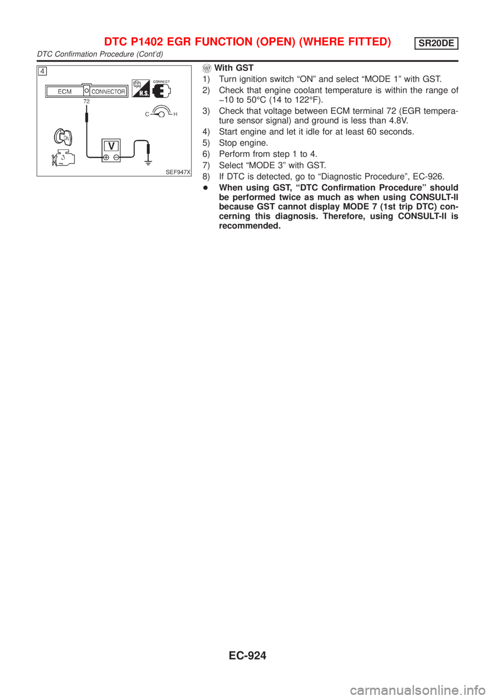 NISSAN ALMERA TINO 2001  Service Repair Manual SEF947X
With GST
1) Turn ignition switch ªONº and select ªMODE 1º with GST.
2) Check that engine coolant temperature is within the range of
þ10 to 50ÉC (14 to 122ÉF).
3) Check that voltage betw