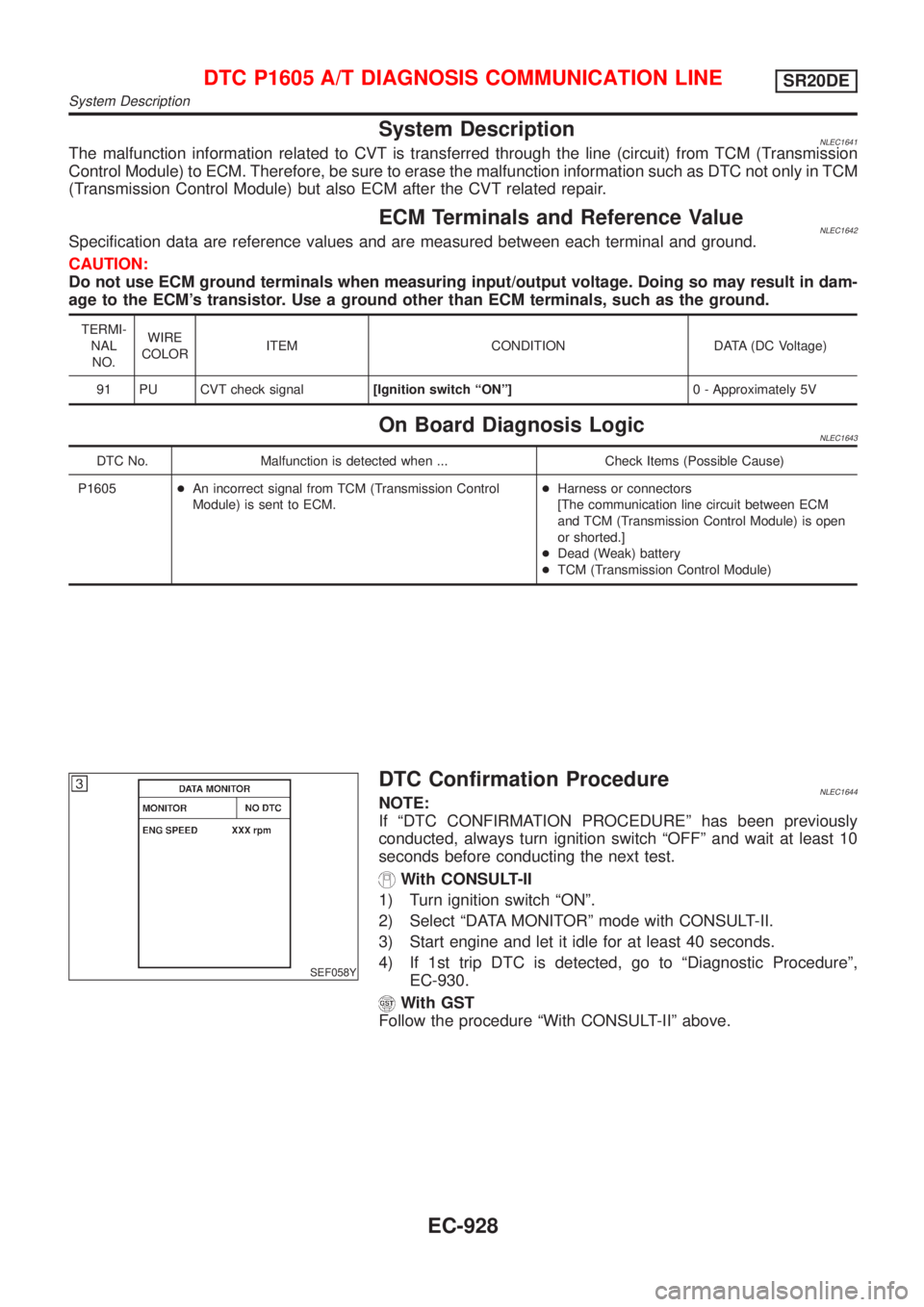 NISSAN ALMERA TINO 2001  Service Repair Manual System DescriptionNLEC1641The malfunction information related to CVT is transferred through the line (circuit) from TCM (Transmission
Control Module) to ECM. Therefore, be sure to erase the malfunctio