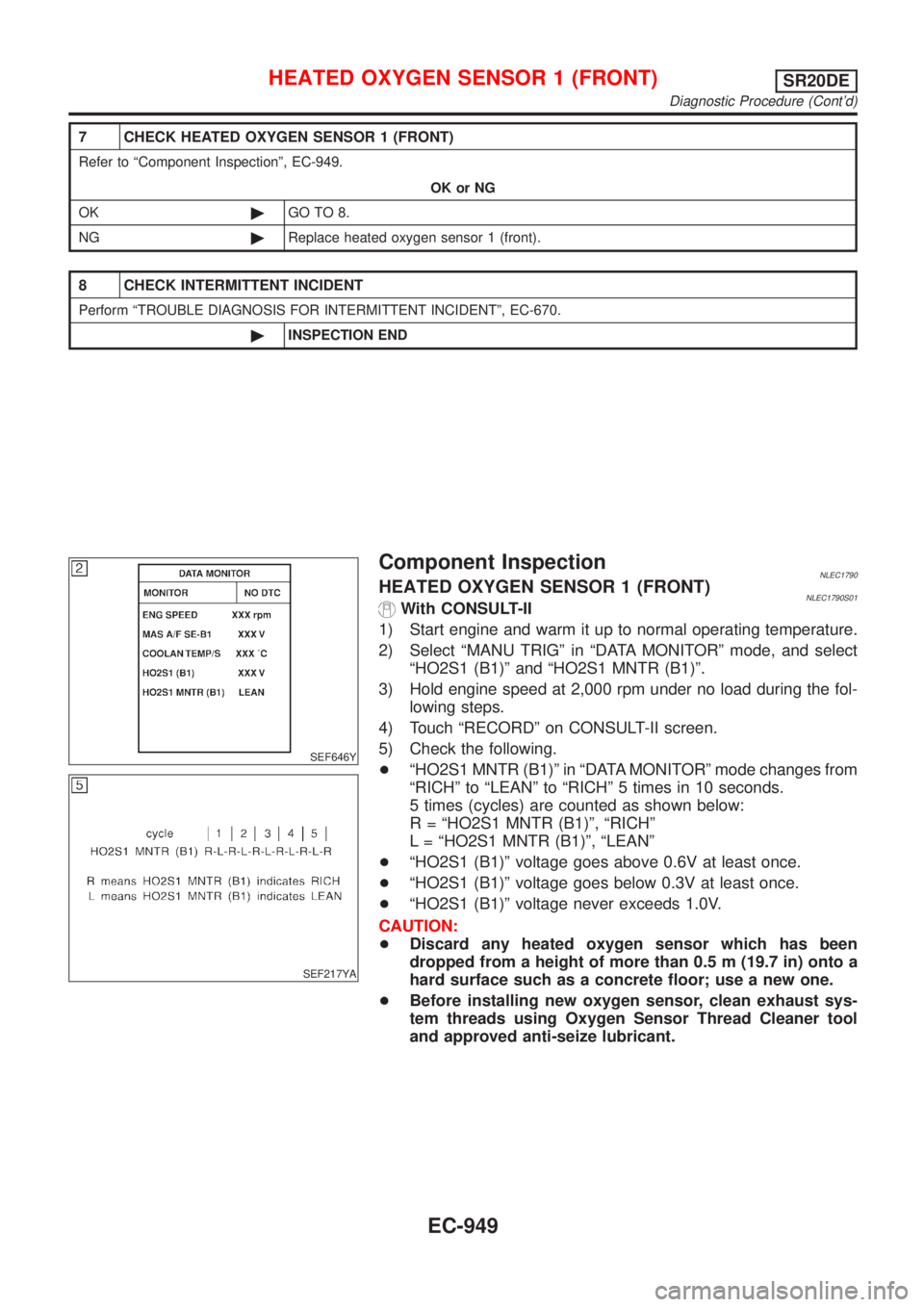 NISSAN ALMERA TINO 2001 Service Repair Manual 7 CHECK HEATED OXYGEN SENSOR 1 (FRONT)
Refer to ªComponent Inspectionº, EC-949.
OK or NG
OK©GO TO 8.
NG©Replace heated oxygen sensor 1 (front).
8 CHECK INTERMITTENT INCIDENT
Perform ªTROUBLE DIAG NISSAN ALMERA TINO 2001 Service Repair Manual 7 CHECK HEATED OXYGEN SENSOR 1 (FRONT)
Refer to ªComponent Inspectionº, EC-949.
OK or NG
OK©GO TO 8.
NG©Replace heated oxygen sensor 1 (front).
8 CHECK INTERMITTENT INCIDENT
Perform ªTROUBLE DIAG