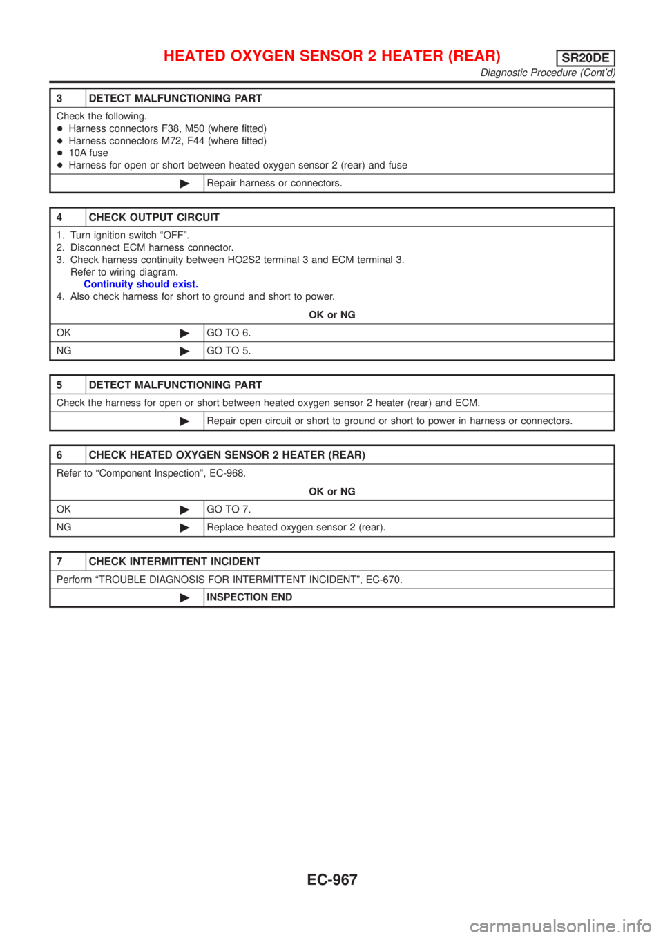 NISSAN ALMERA TINO 2001 Service Repair Manual 3 DETECT MALFUNCTIONING PART
Check the following.
+Harness connectors F38, M50 (where fitted)
+Harness connectors M72, F44 (where fitted)
+10A fuse
+Harness for open or short between heated oxygen sen NISSAN ALMERA TINO 2001 Service Repair Manual 3 DETECT MALFUNCTIONING PART
Check the following.
+Harness connectors F38, M50 (where fitted)
+Harness connectors M72, F44 (where fitted)
+10A fuse
+Harness for open or short between heated oxygen sen