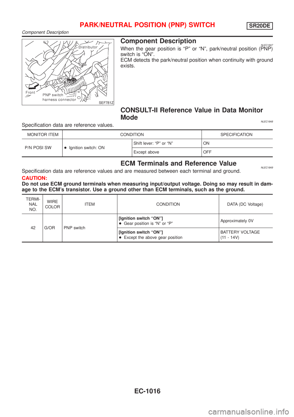 NISSAN ALMERA TINO 2001 Service Repair Manual SEF781Z
Component DescriptionNLEC1847When the gear position is ªPº or ªNº, park/neutral position (PNP)
switch is ªONº.
ECM detects the park/neutral position when continuity with ground
exists.
C NISSAN ALMERA TINO 2001 Service Repair Manual SEF781Z
Component DescriptionNLEC1847When the gear position is ªPº or ªNº, park/neutral position (PNP)
switch is ªONº.
ECM detects the park/neutral position when continuity with ground
exists.
C