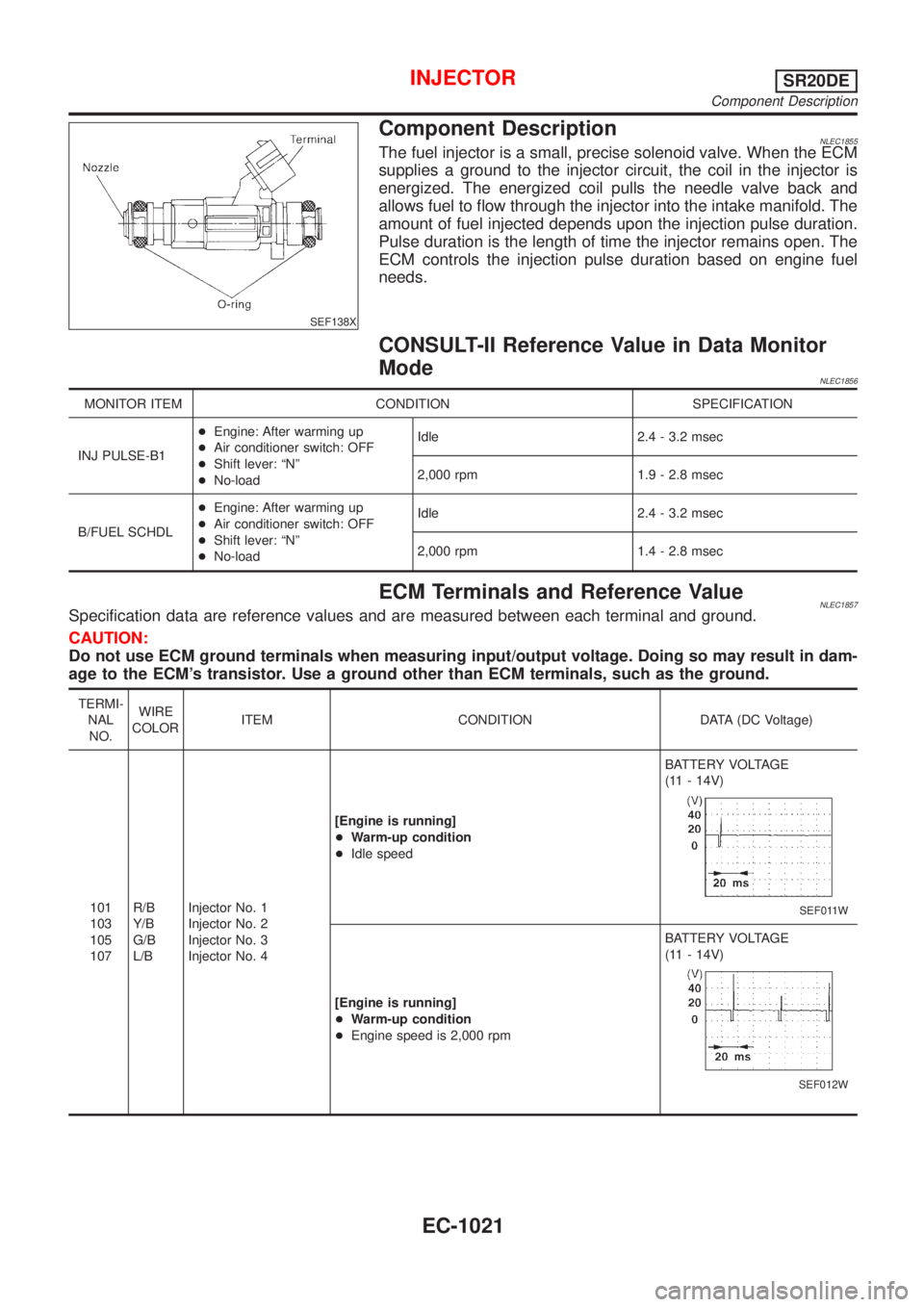 NISSAN ALMERA TINO 2001 Service Repair Manual SEF138X
Component DescriptionNLEC1855The fuel injector is a small, precise solenoid valve. When the ECM
supplies a ground to the injector circuit, the coil in the injector is
energized. The energized NISSAN ALMERA TINO 2001 Service Repair Manual SEF138X
Component DescriptionNLEC1855The fuel injector is a small, precise solenoid valve. When the ECM
supplies a ground to the injector circuit, the coil in the injector is
energized. The energized